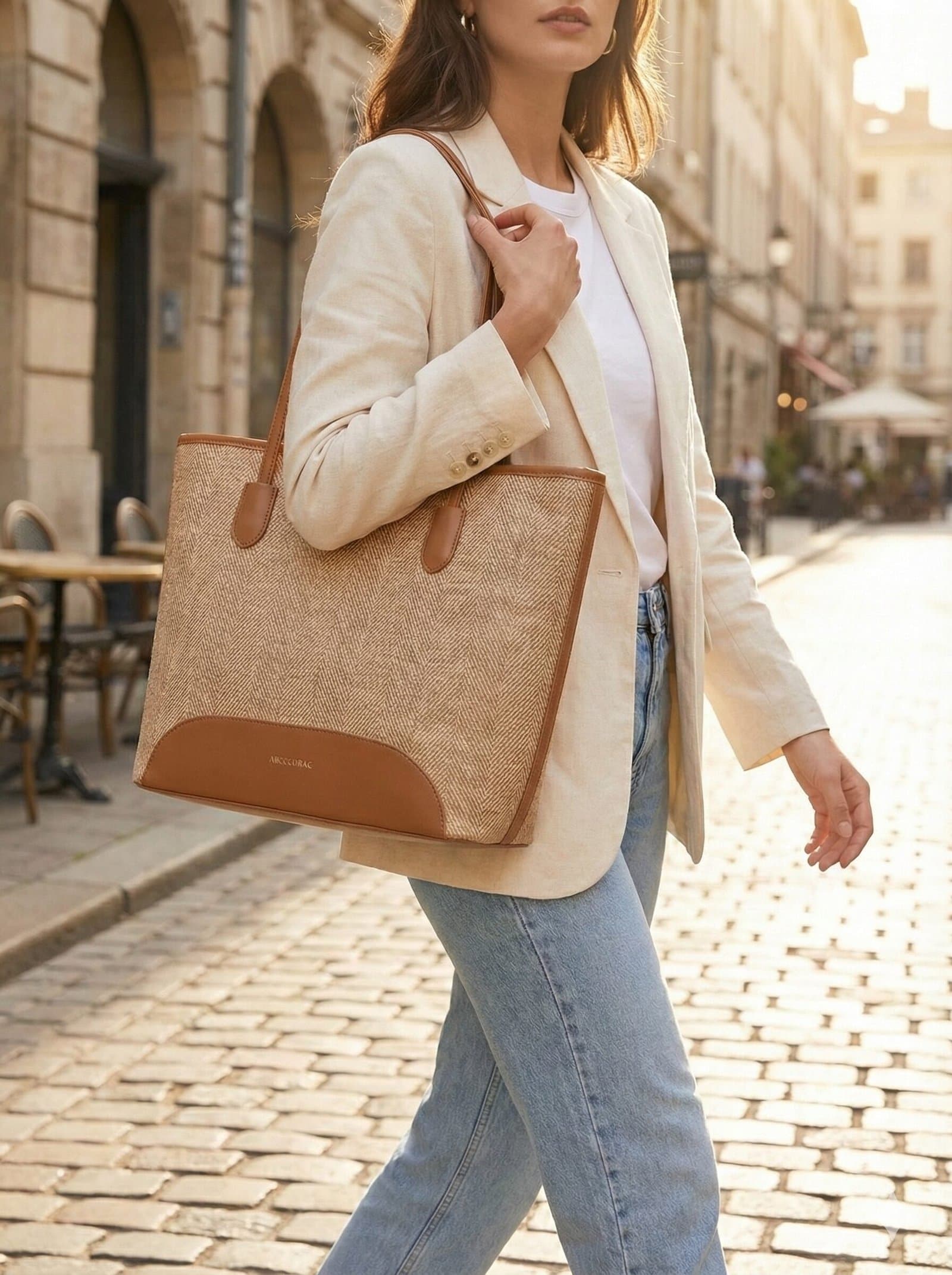 The Siena Herringbone Woven Tote Natural Beige — image 4