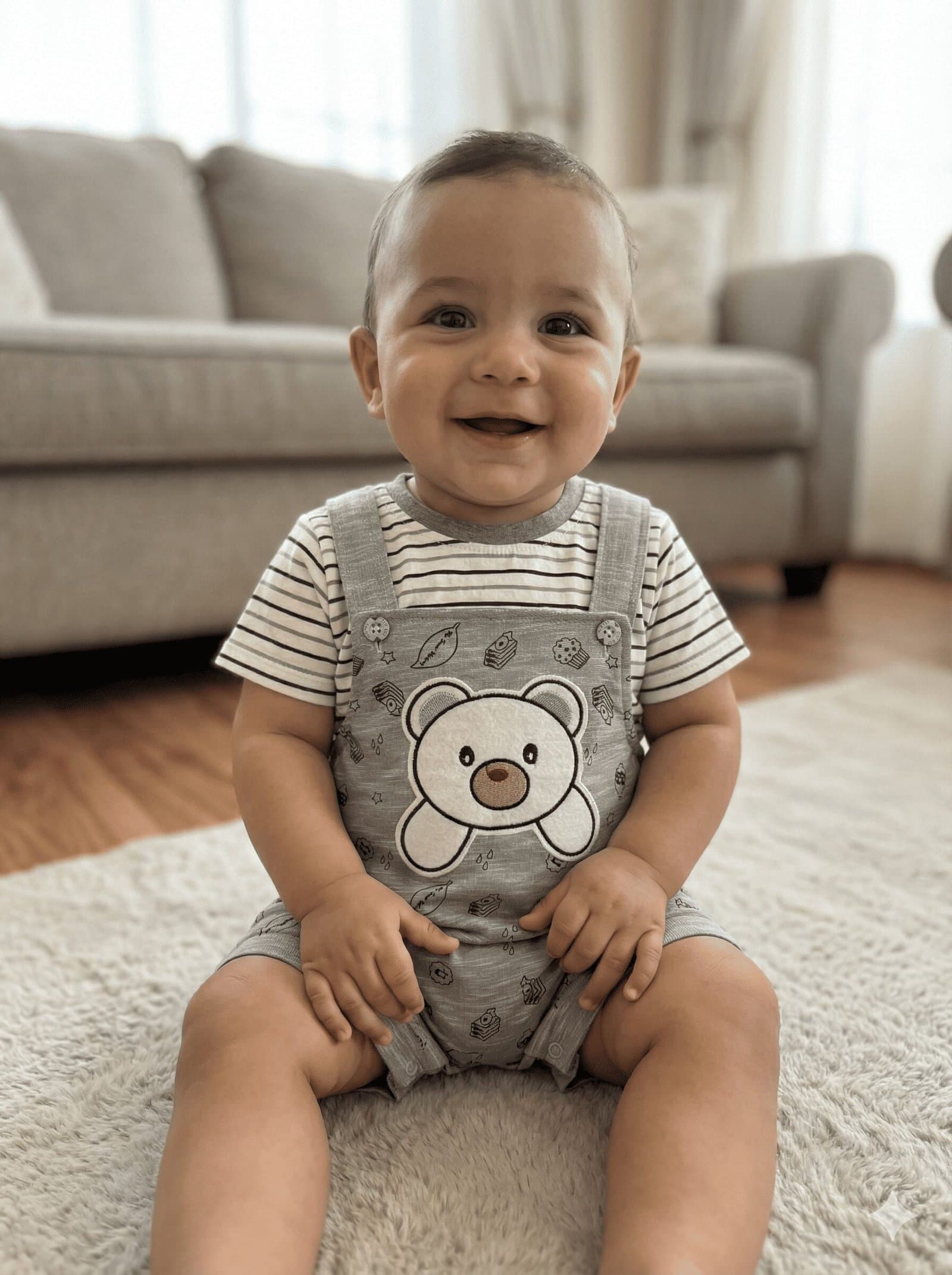 SPICE KIDS BABY Grey Doodle Bear Shortalls & Striped Tee — image 1