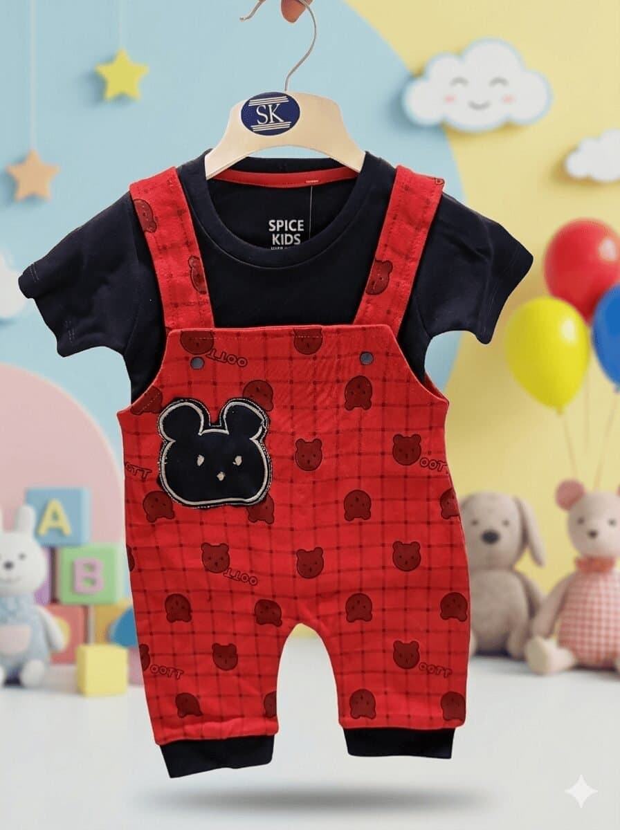RED Knitted Dungaree Set with Bunny Embroidery and Printed Tee — image 3