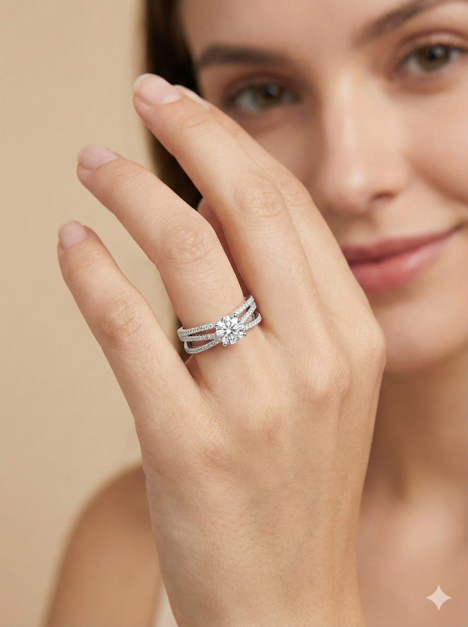 Round Cut Solitaire Ring with Pave Set Triple Crossover Split Shank Band in Silver Tone — image 3