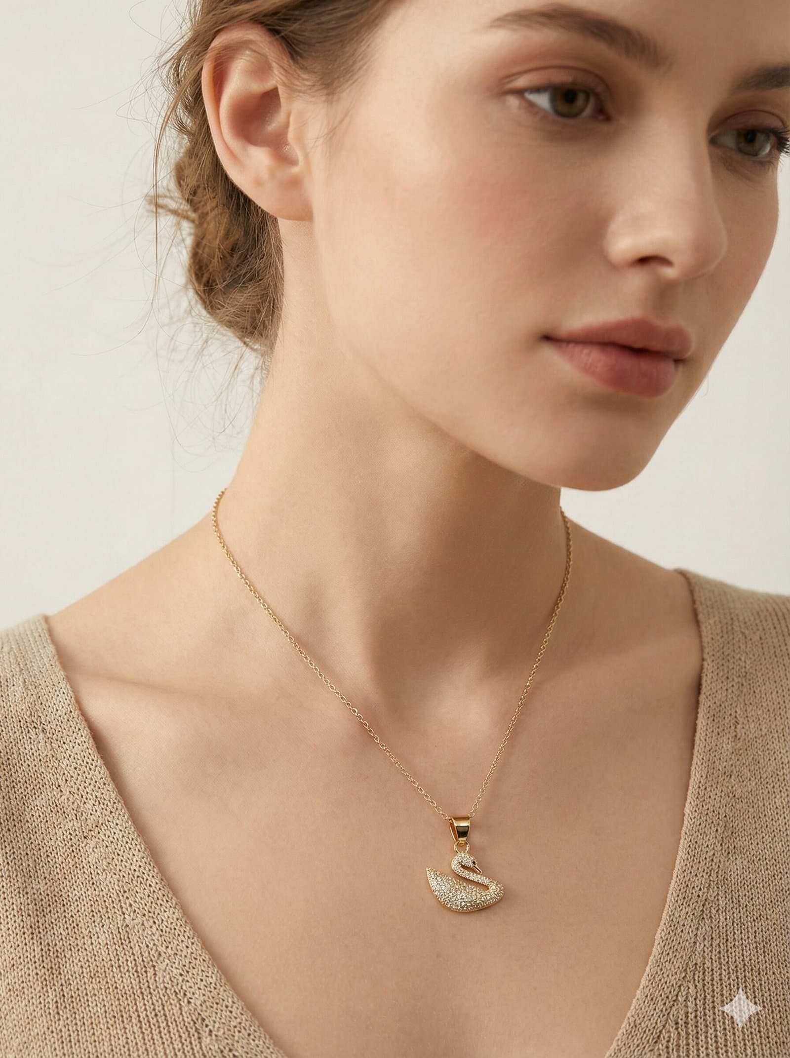 Gold-Tone Pave Crystal Swan Pendant Necklace with Fine Link Chain — image 3