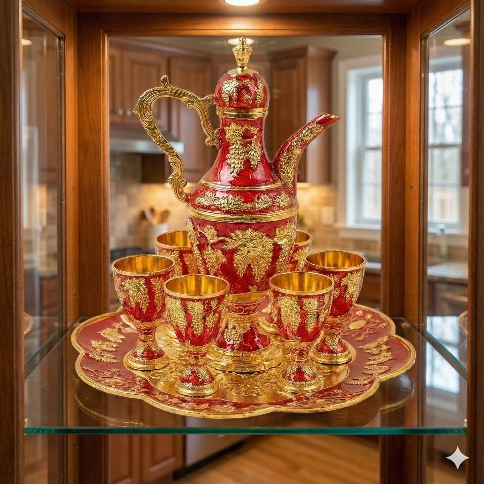 Imperial Red & Grapevine Enameled Decanter Set 8 Piece — image 5