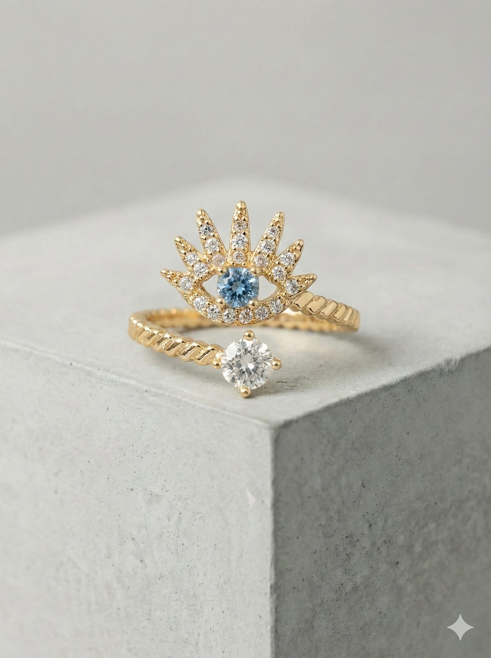 Gold-Toned Evil Eye Open Ring with Solitaire Accent and Twisted Rope Band — image 2