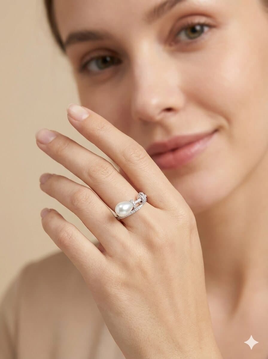 Pear-Shaped Pearl and Pavé Stone Bypass Ring in Silver-Tone Finish — image 3