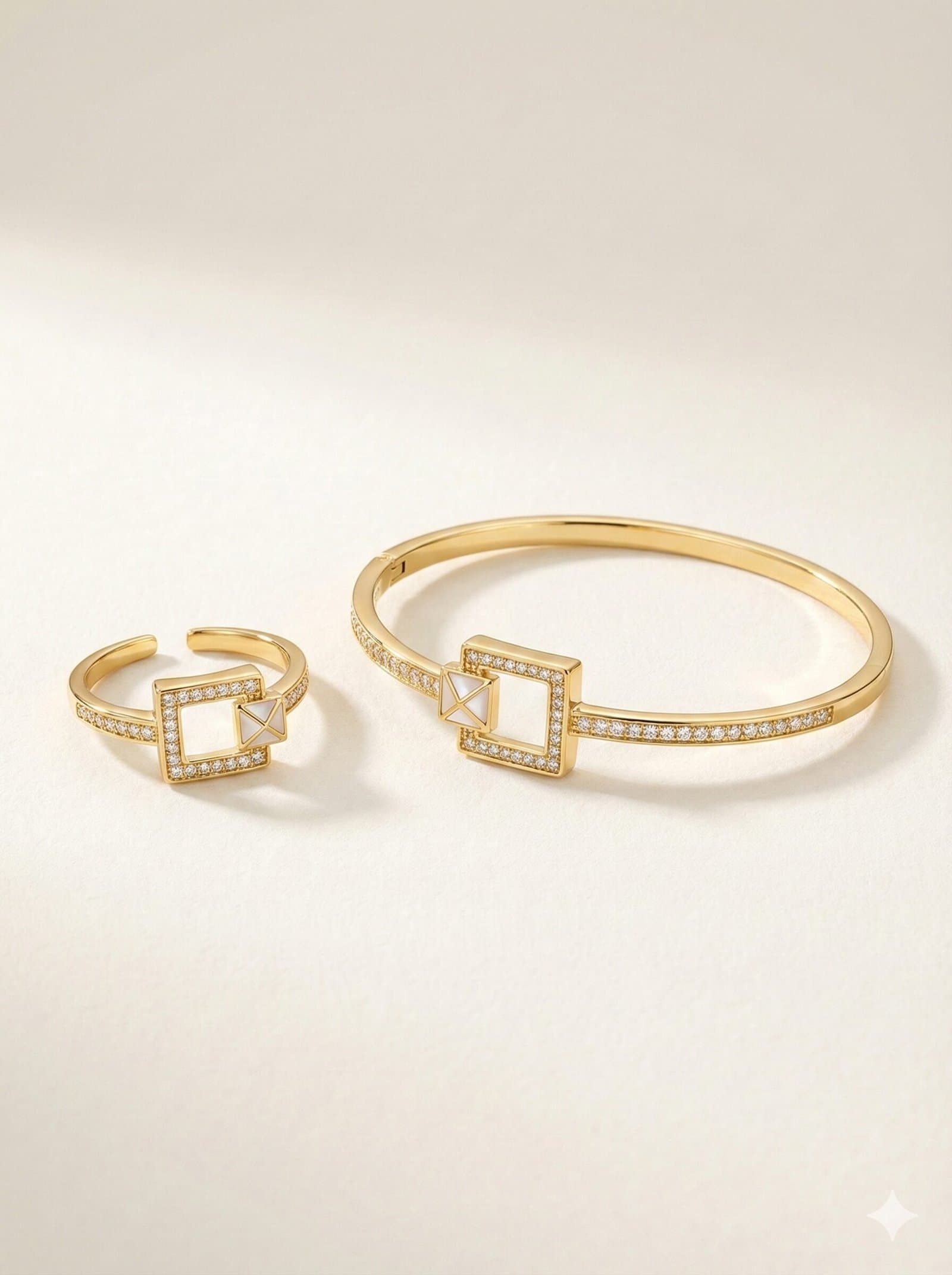 Gold-Tone Geometric Square Bracelet and Adjustable Ring Set with Crystal Accents and White Inlay — image 1