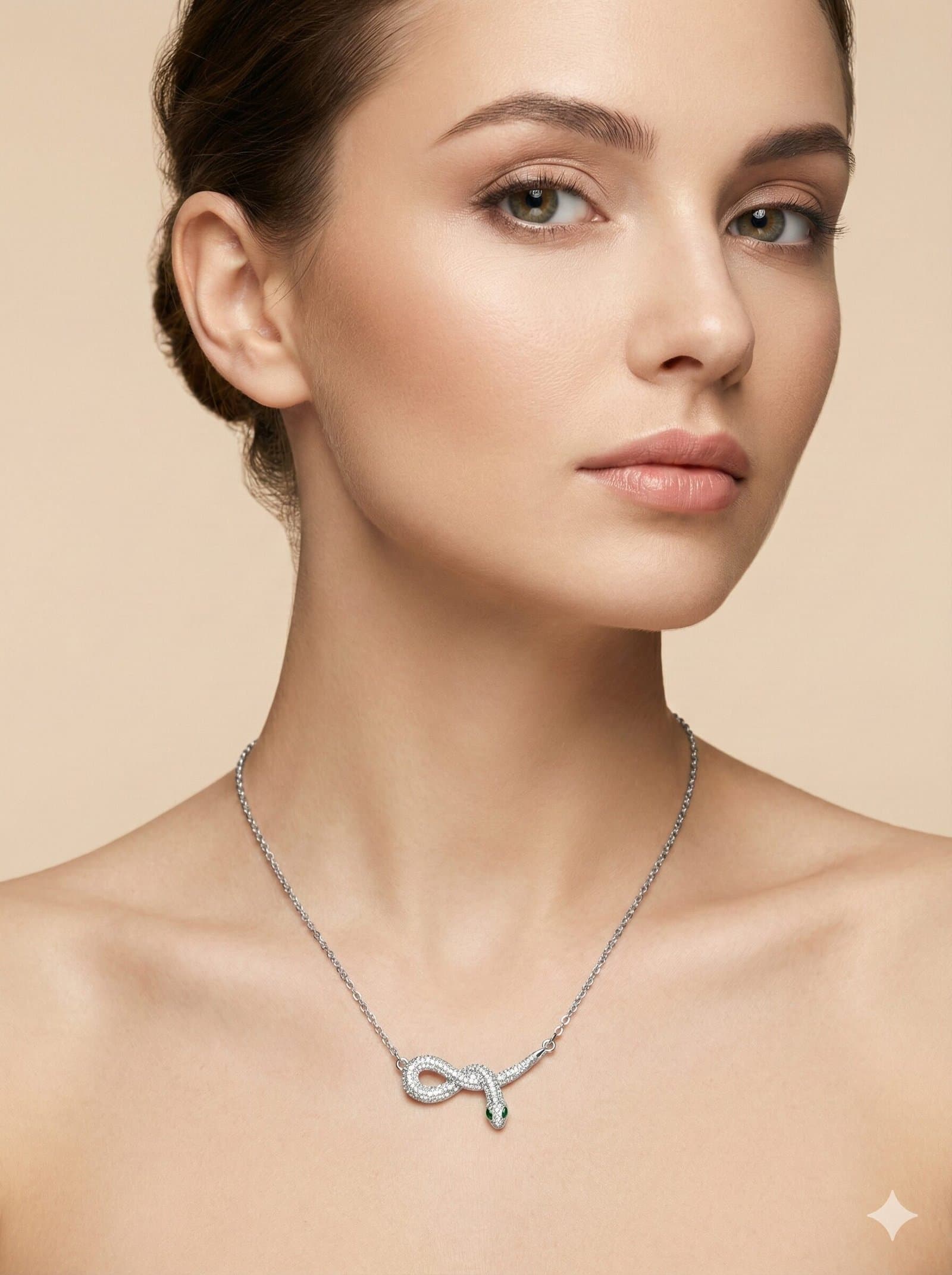 Silver-Tone Coiled Snake Pendant Necklace with Clear Pavé Stones and Green Accents — image 3