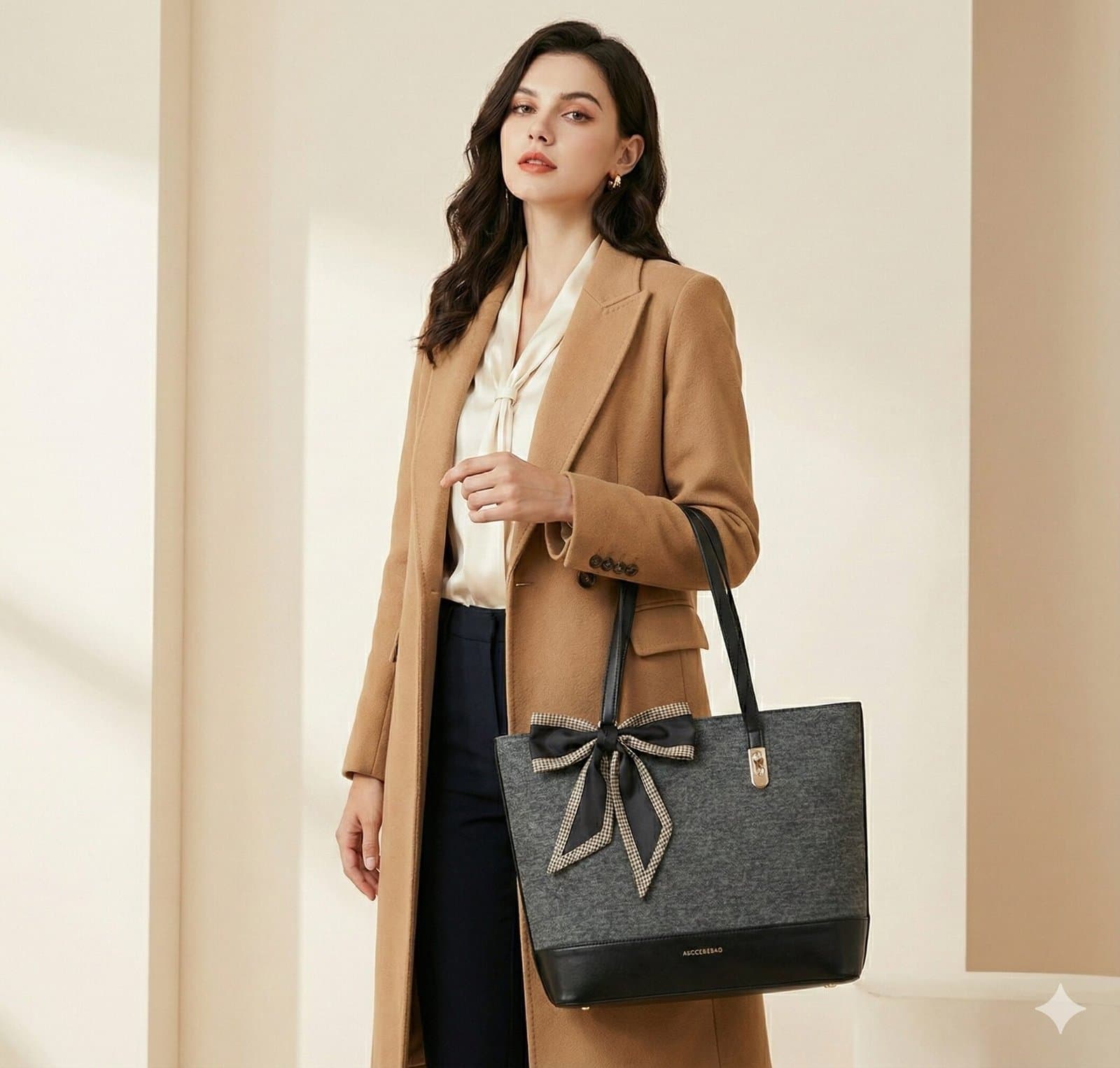 The Scarf-Accented Woven Tote – Charcoal & Black — image 2