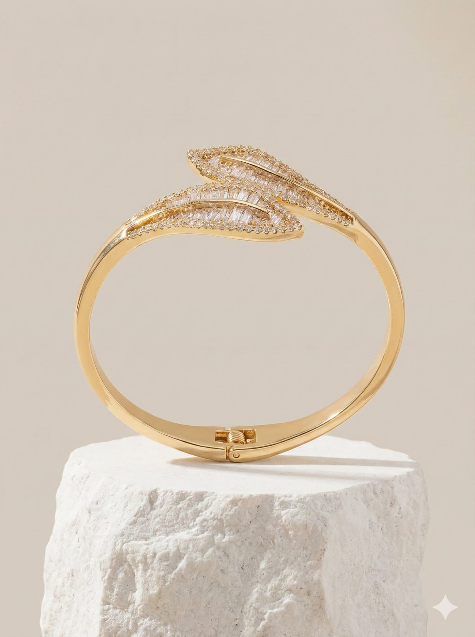 Gold-Tone Open Cuff Bangle and Matching Wrap Ring Set with Baguette Stone Leaf Motif — image 2