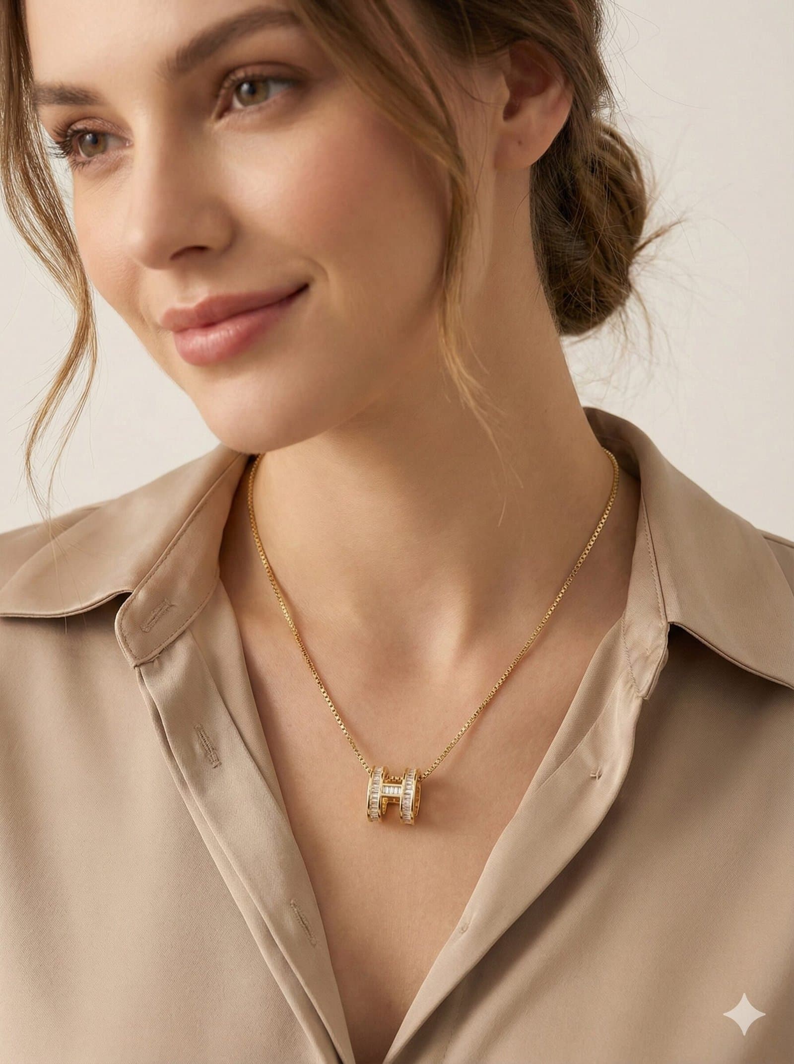 Gold-Tone Geometric H-Pendant Necklace with Baguette-Cut Clear Stones on Box Chain — image 2