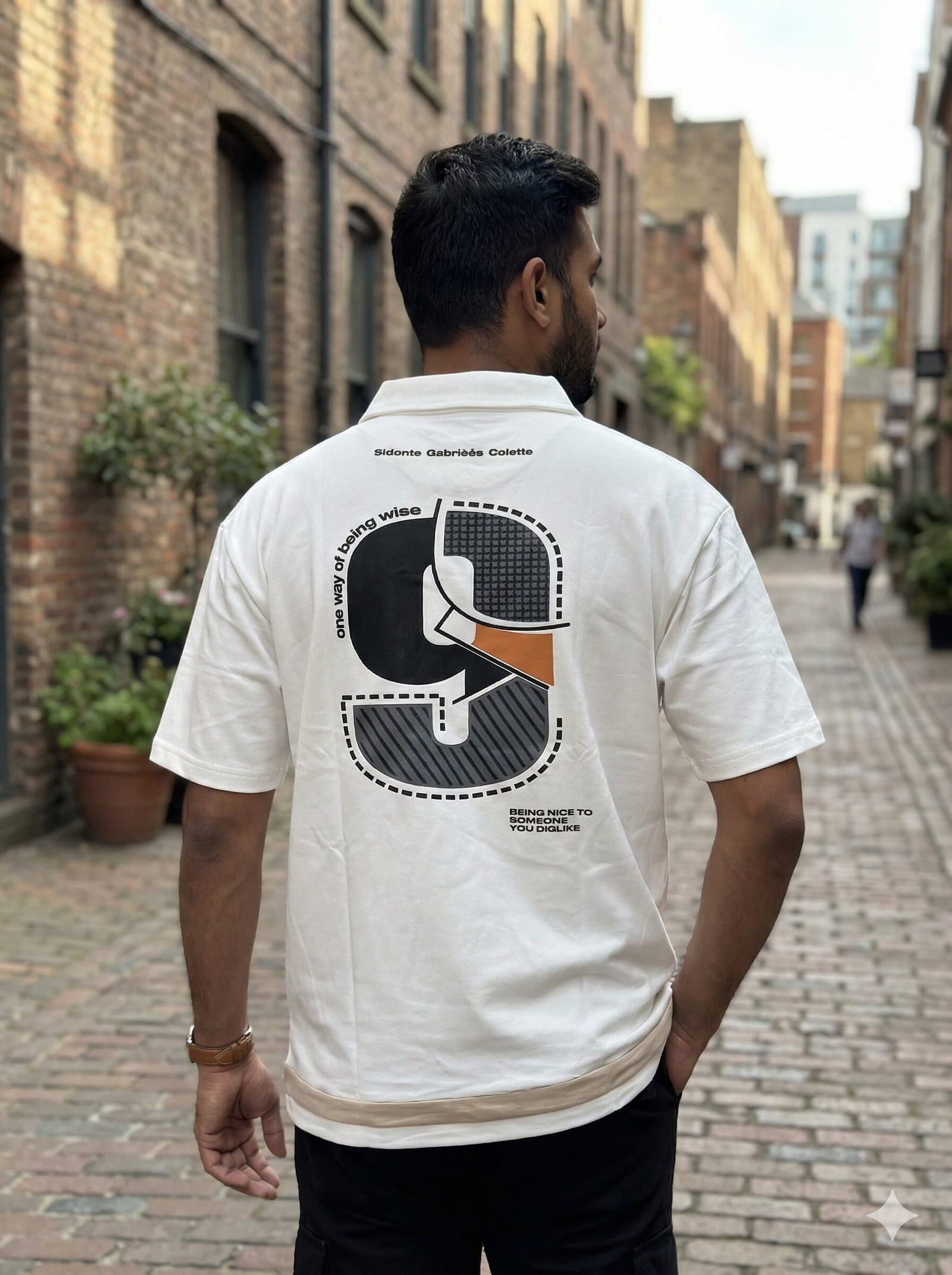 Men's 'Wise 9' Graphic Polo T-Shirt - White & Beige Edition — image 5