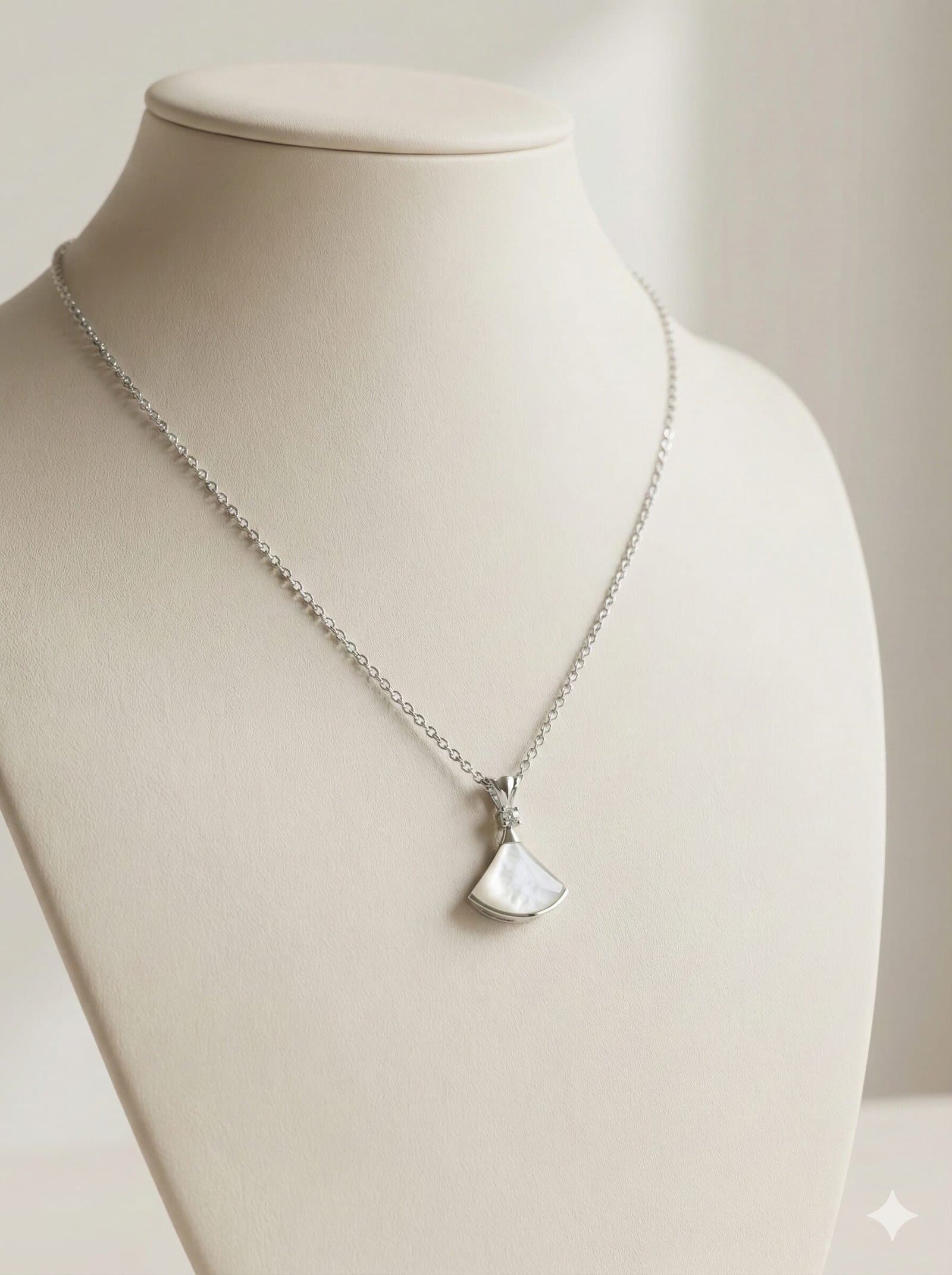 Silver-Tone Fan Pendant Necklace and Earrings Jewelry Set with White Pearlescent Inlay and Crystal Accents — image 2