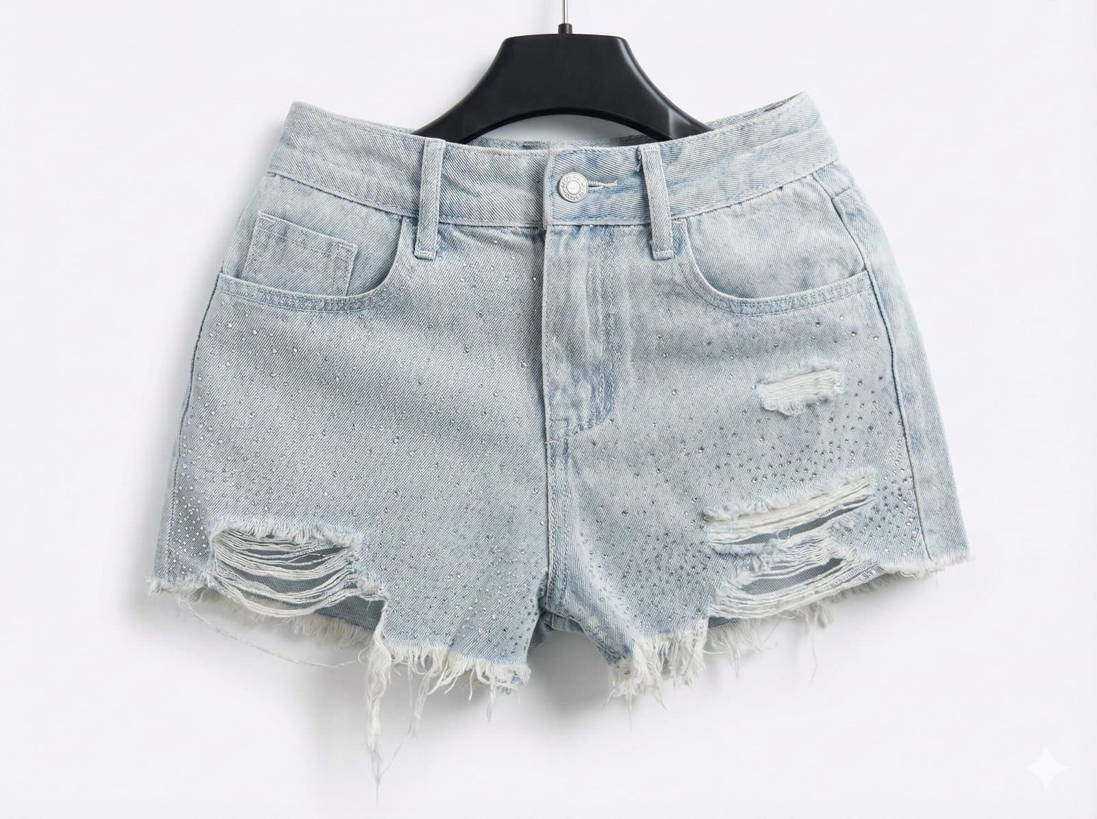 High-Rise Rhinestone Distressed Denim  Sky Blue Shorts — image 4