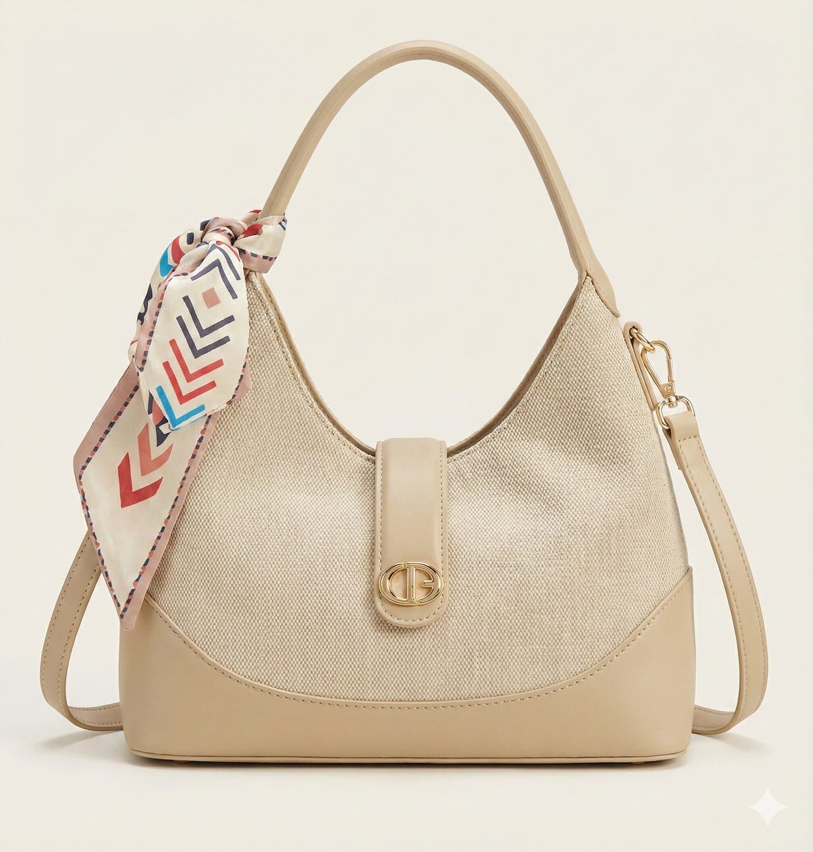 The Scarf-Accented Textured Hobo – Cream & Light Beige — image 1