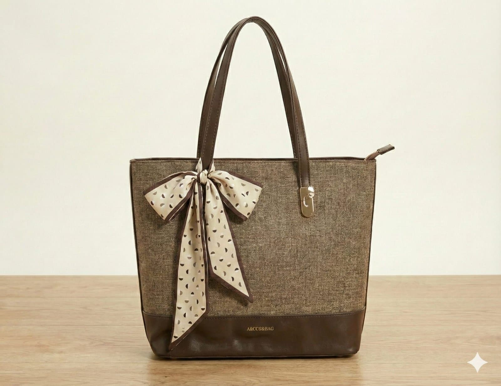 The Scarf-Accented Woven Tote – Coffee Brown — image 1