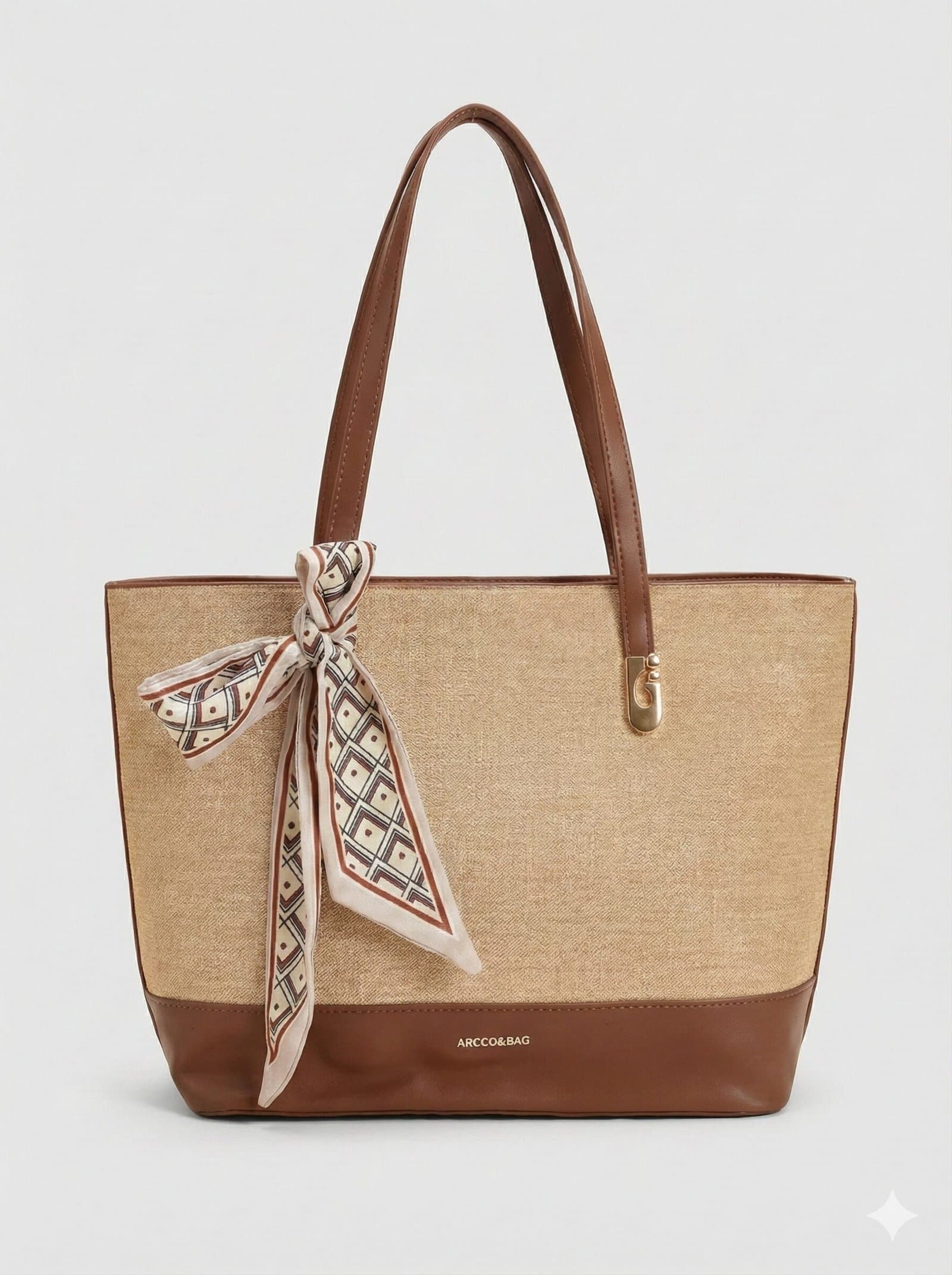 The Scarf-Accented Woven Tote – Natural & Chestnut — image 1