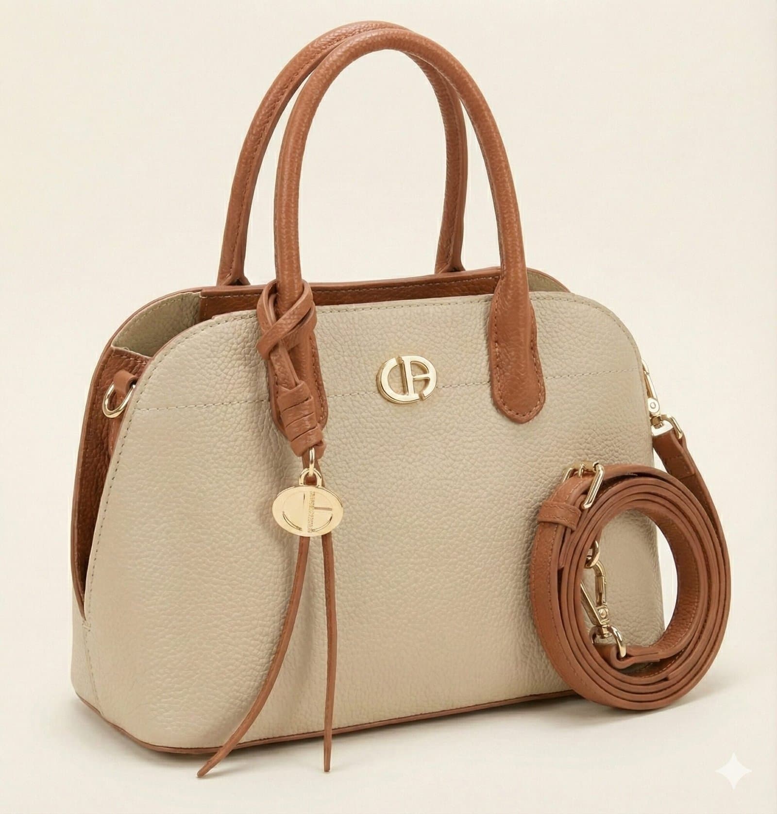 The Two-Tone Pebbled Dome Satchel – Cream & Tan — image 4
