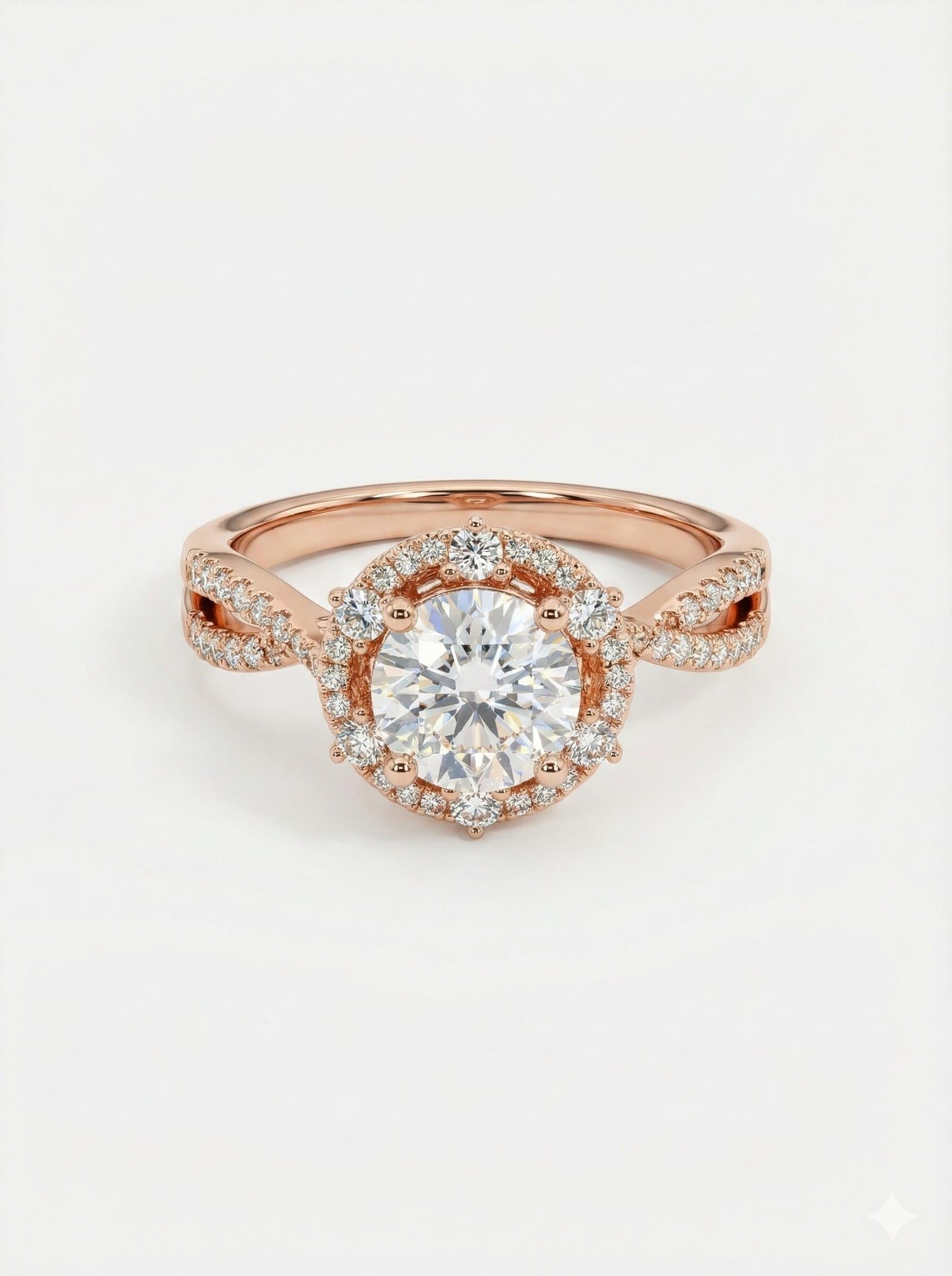 Rose Gold Tone Round Halo Ring with Twisted Split Shank and Pave Accents — image 1
