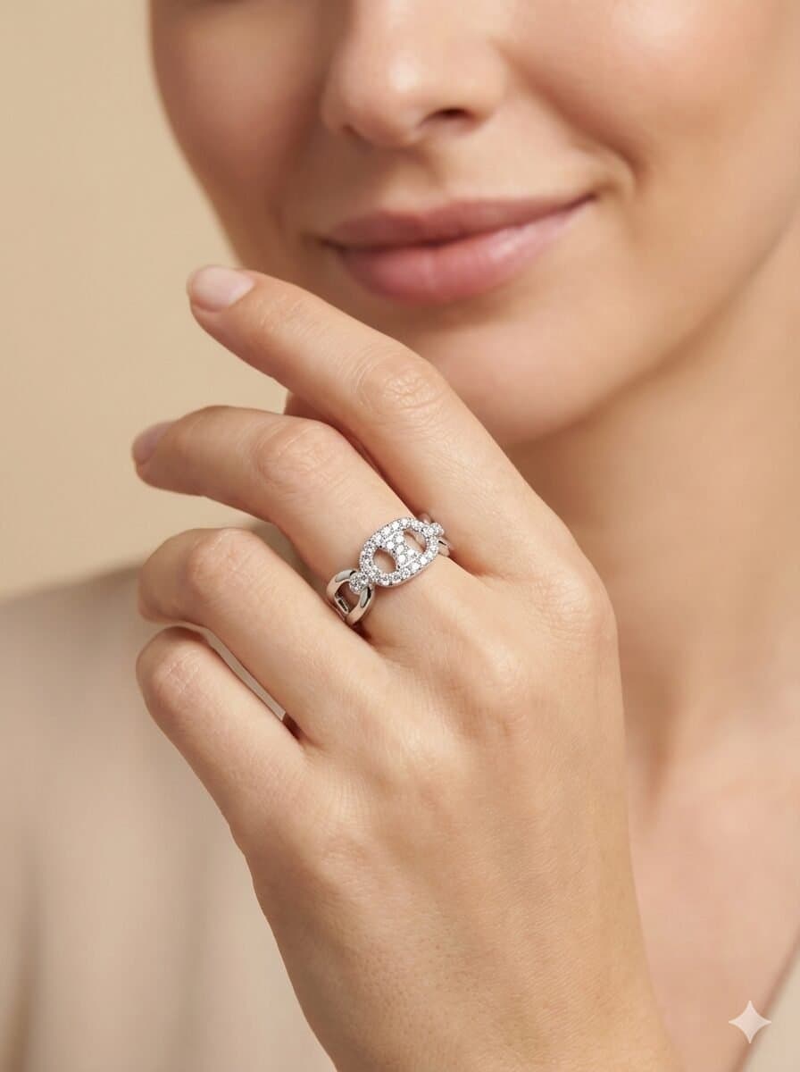 Silver-Toned Pave Crystal Chain Link Adjustable Open Ring — image 2