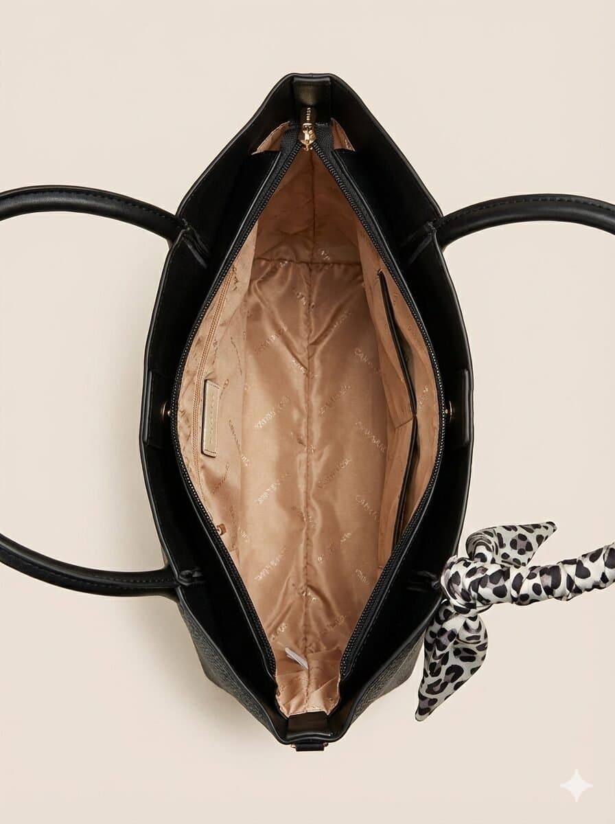 Midnight Woven Texture Tote with Leopard Scarf Accent Black — image 4