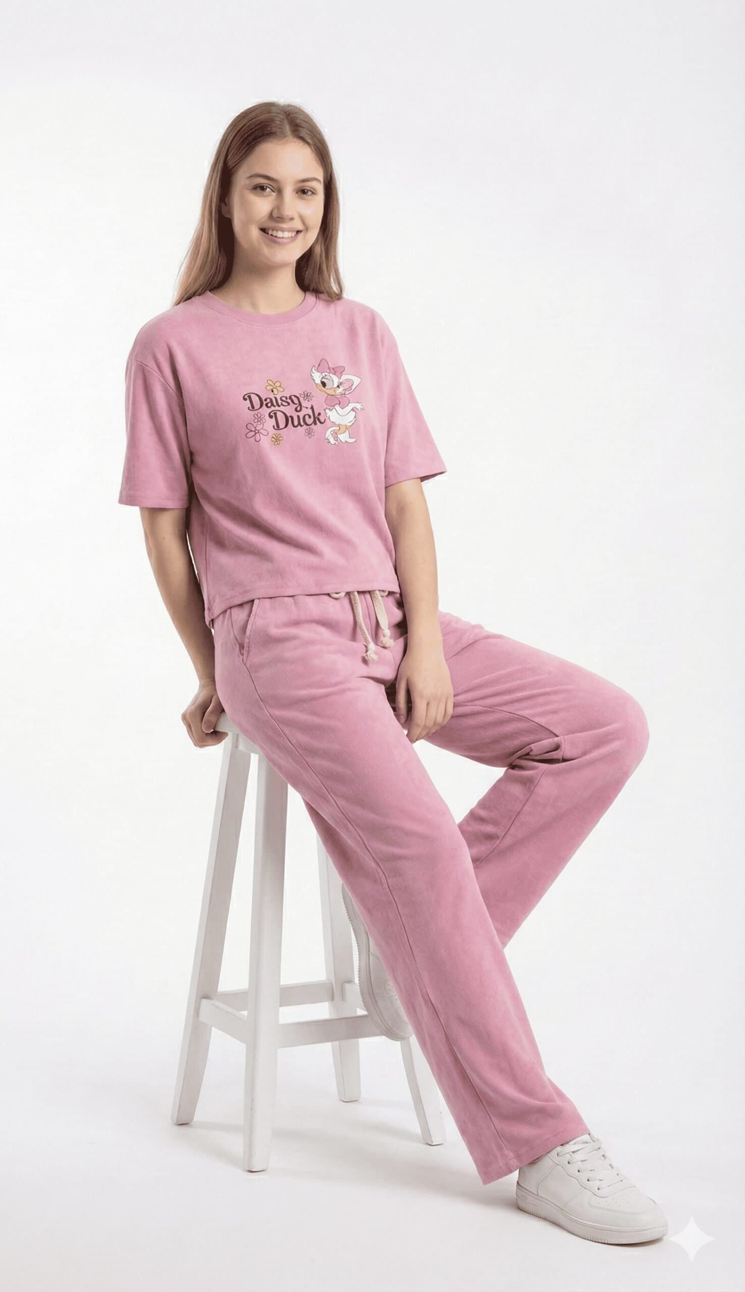 Women's Relaxed Fit "Daisy" Tee & Trouser Duo PINK Color — image 4