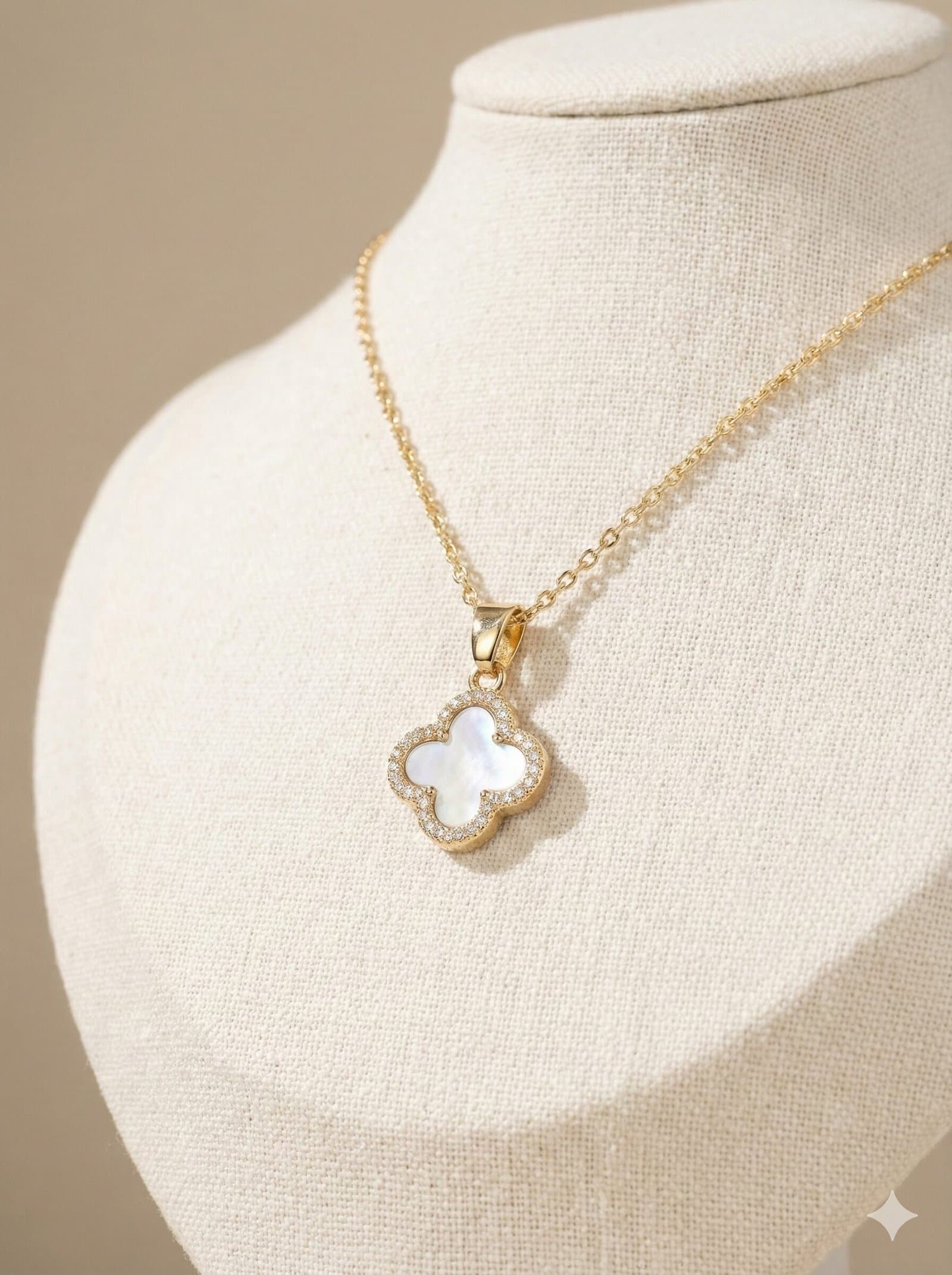 Gold-Tone Four-Leaf Clover Pendant Necklace with White Pearlescent Inlay and Crystal Halo Border — image 2