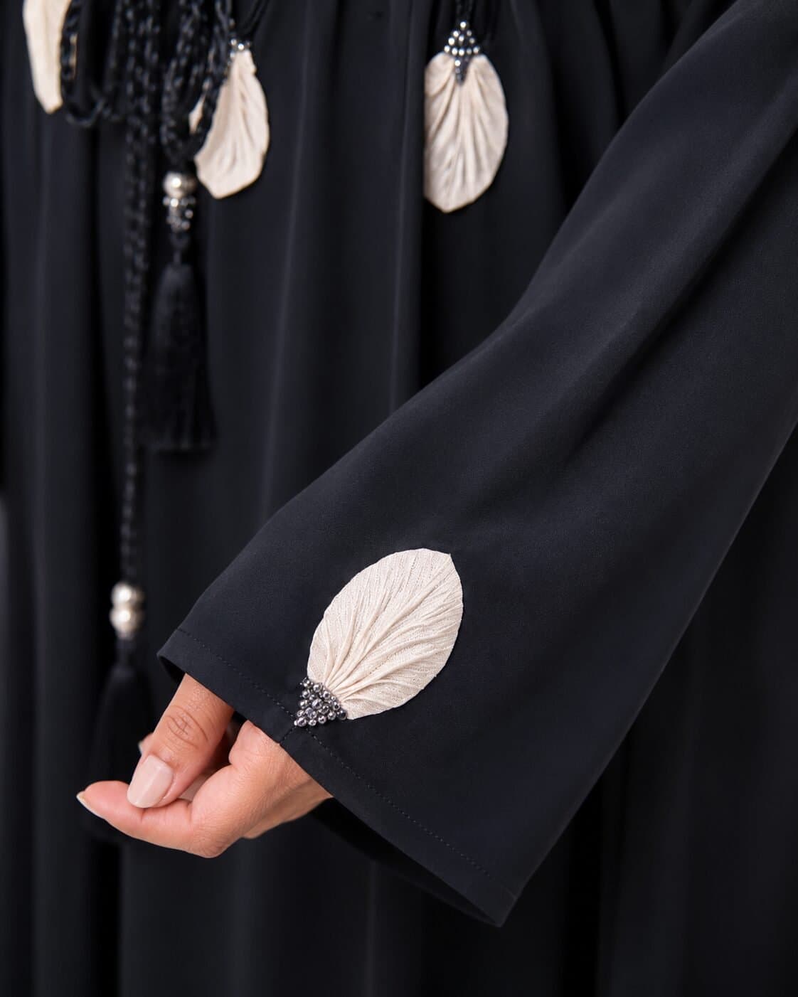 Nida Fabric Floral Embellished Open Abaya – Classic Black — image 3