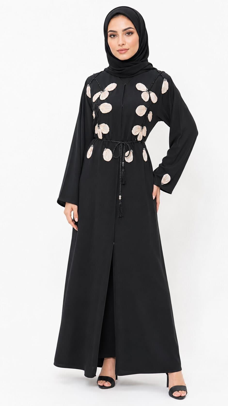 Nida Fabric Floral Embellished Open Abaya – Classic Black — image 1
