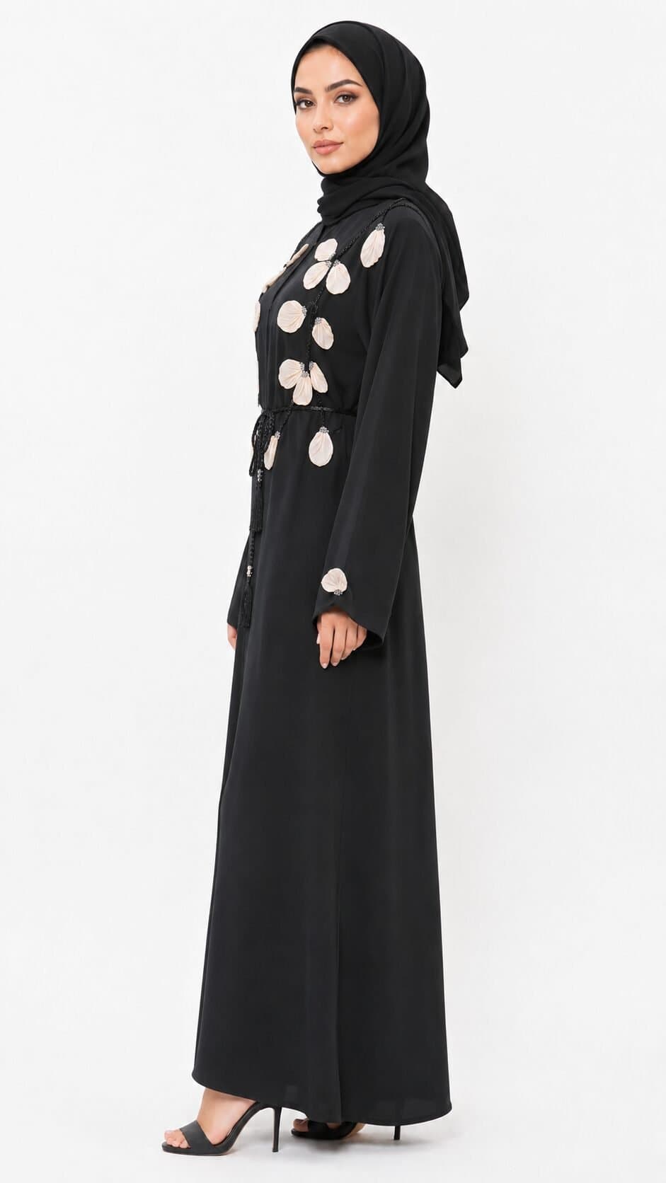 Nida Fabric Floral Embellished Open Abaya – Classic Black — image 5