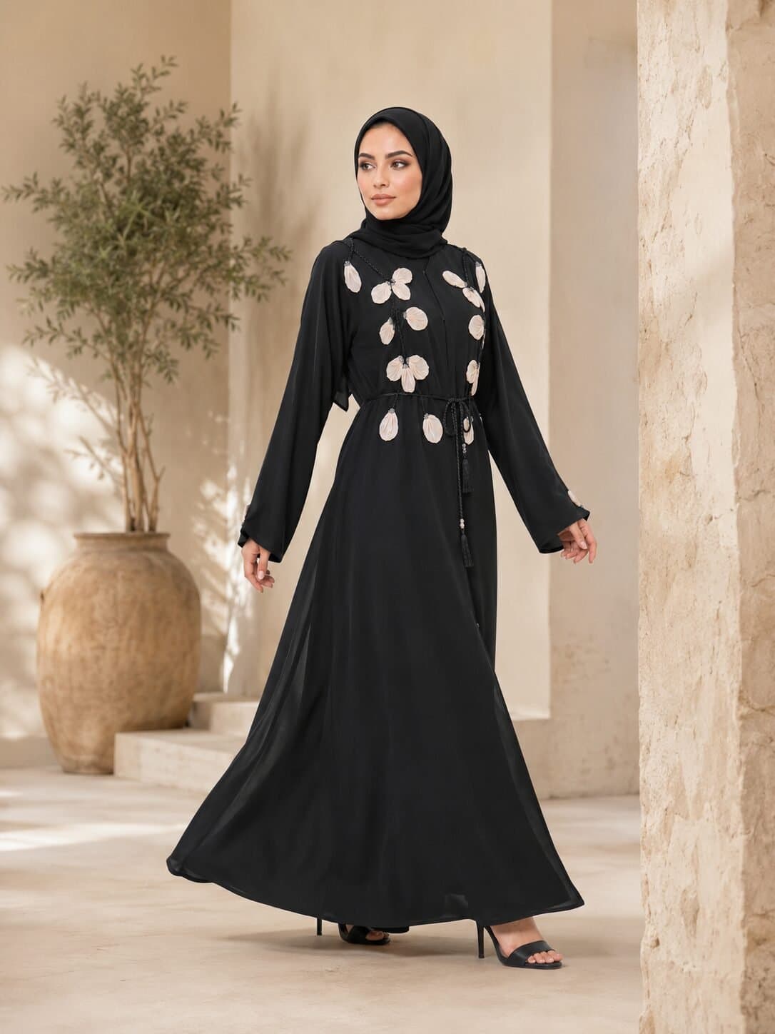 Nida Fabric Floral Embellished Open Abaya – Classic Black — image 6