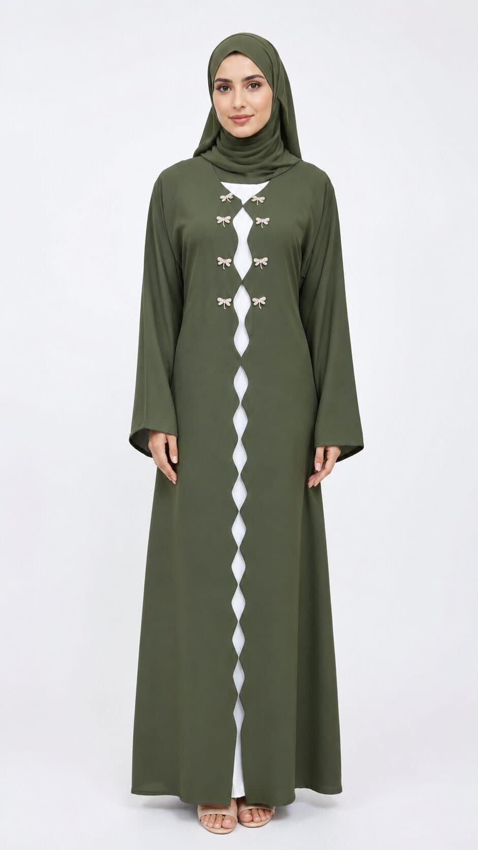Barby Fabric Modest Abaya with Contrast Inner – Olive Green — image 1