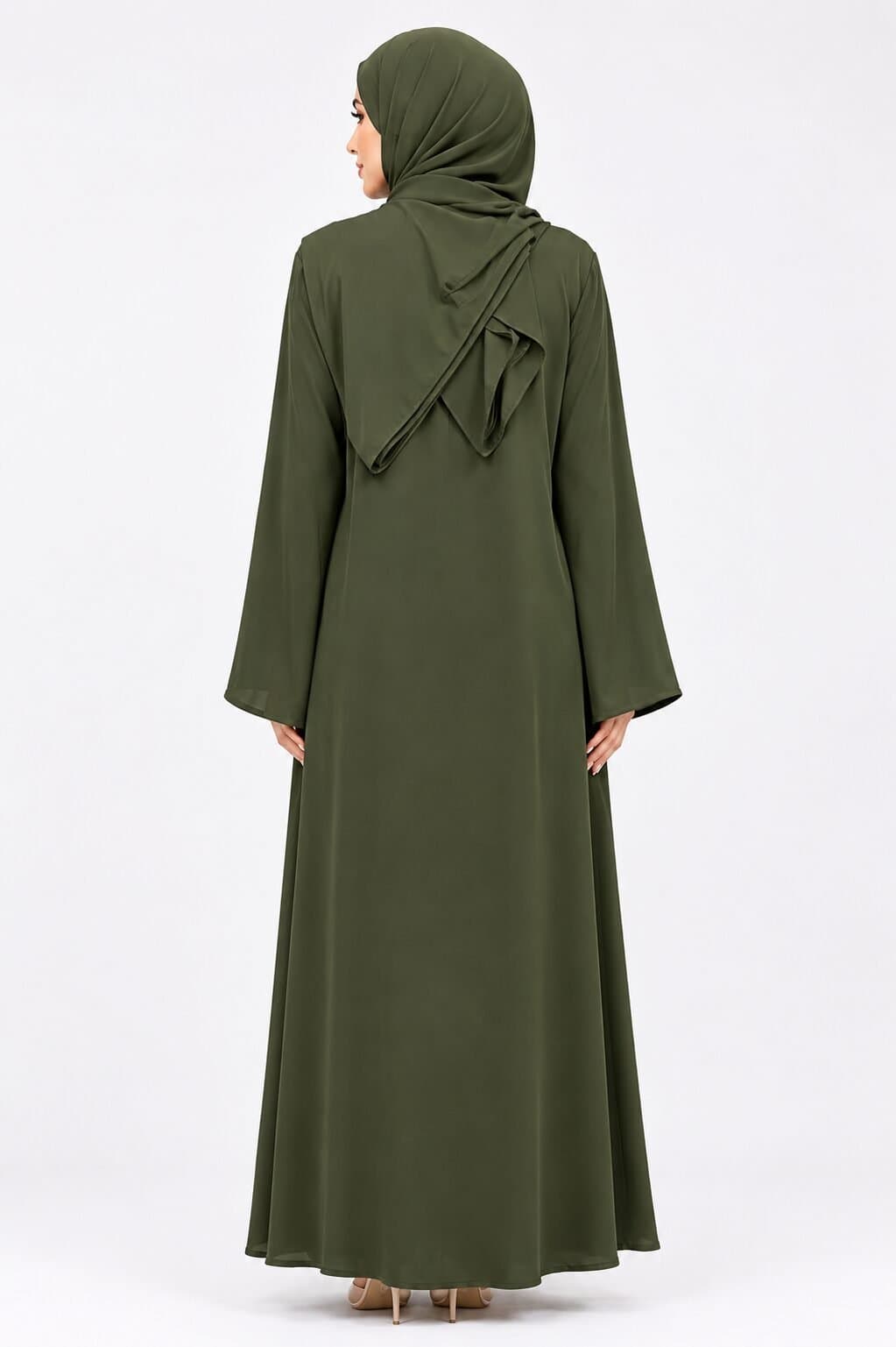 Barby Fabric Modest Abaya with Contrast Inner – Olive Green — image 3