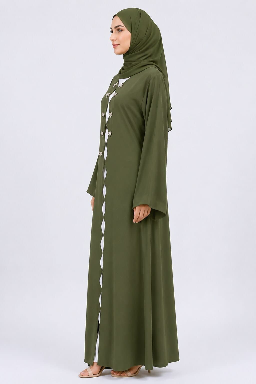 Barby Fabric Modest Abaya with Contrast Inner – Olive Green — image 2