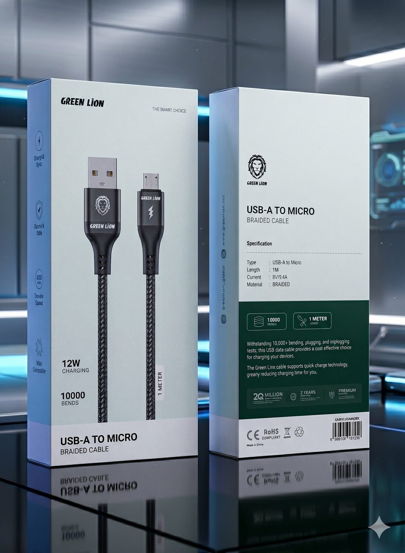 USB-A to Micro PVC Cable / 1m Cable Length / High Transfer Speed / 12W Power Charging / Secure & Safe / Wide Compatible / Charge & Sync / 10,000 Bends Life Span - Black — image 2