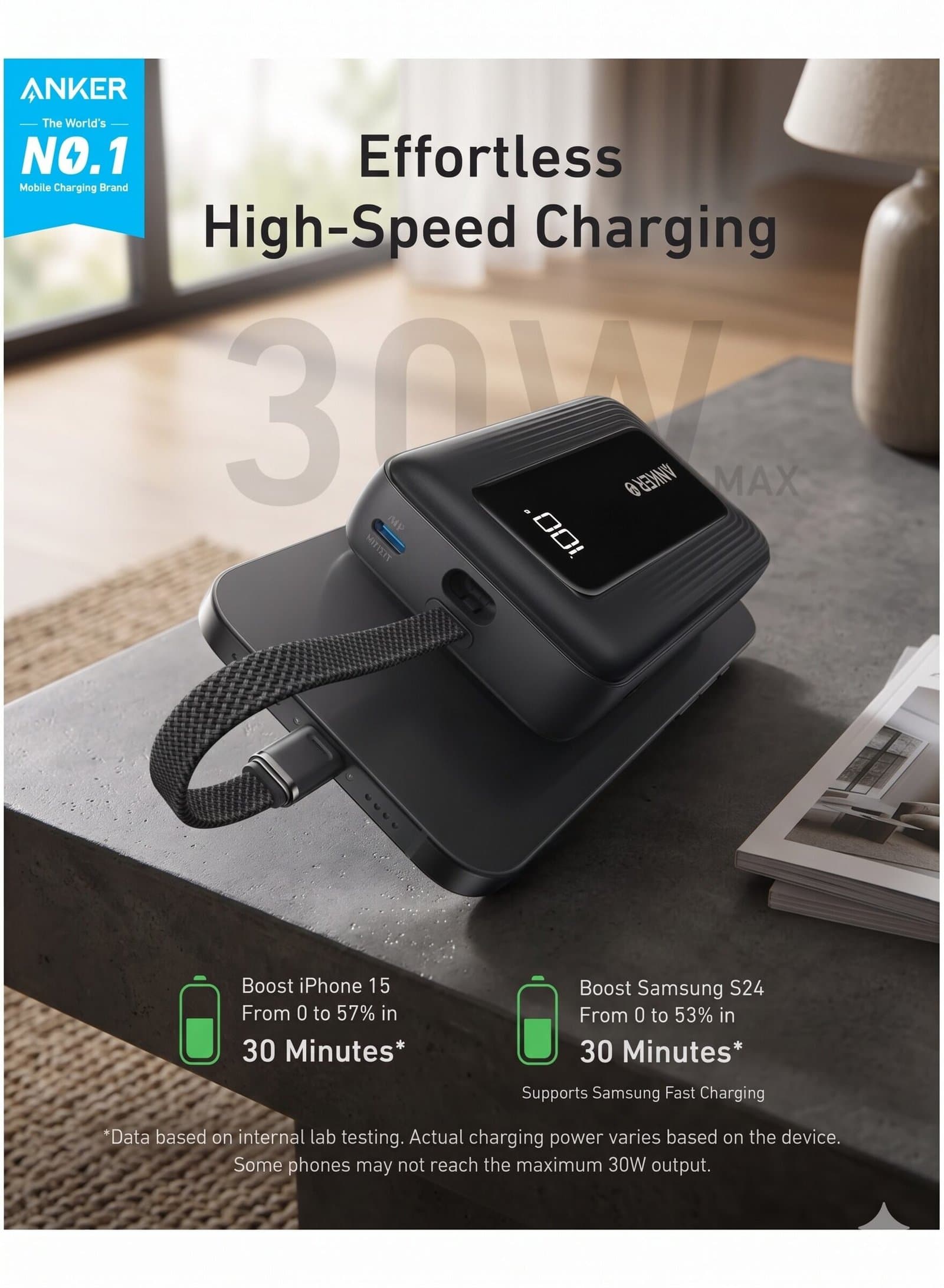 Anker Zolo Power Bank, 10,000mAh 30W High-Speed Portable Charger with Built-In USB-C Cable — image 2