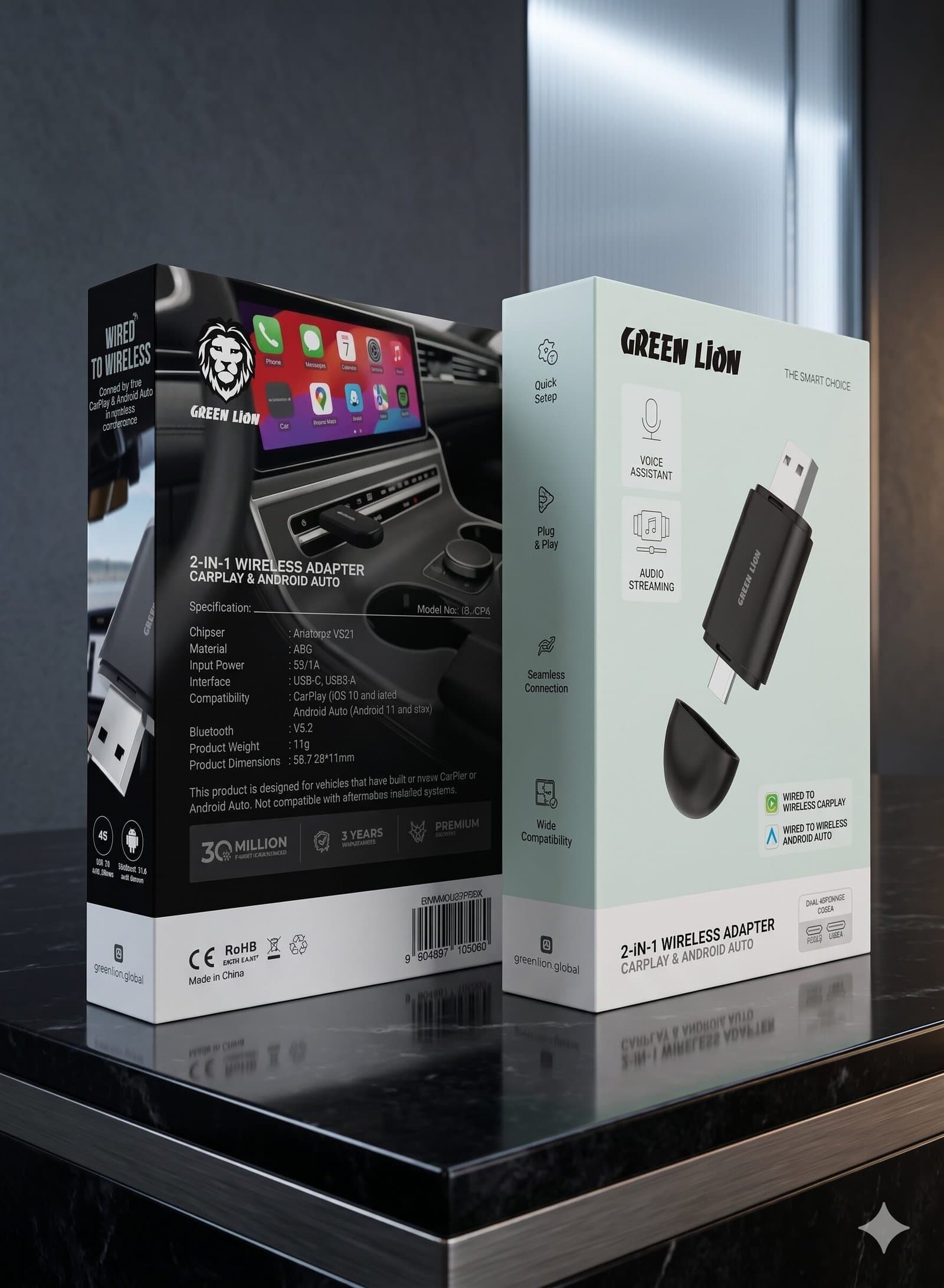 Green Lion 2-in-1 Wireless CarPlay & Android Auto Adapter – Wired to Wireless Dongle — image 2