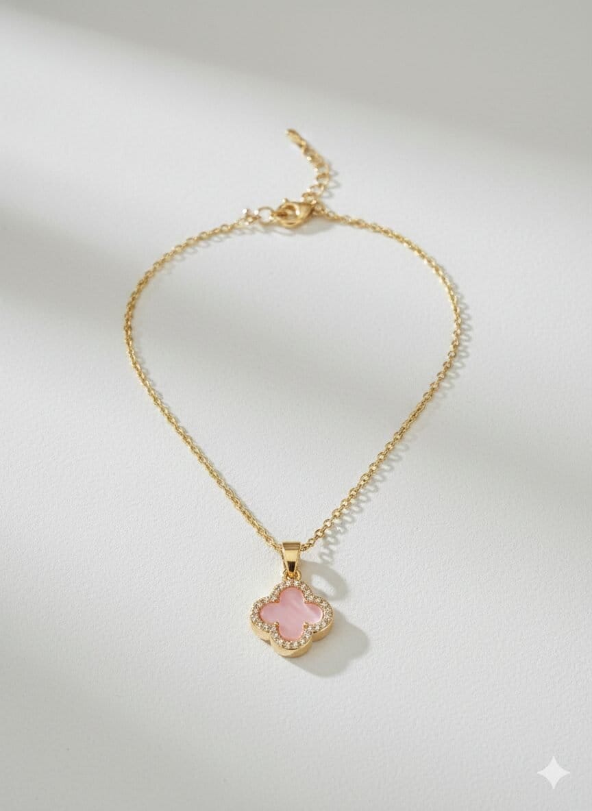 Gold-Tone Pink Clover Pendant Necklace with Crystal Halo Accent and Adjustable Link Chain