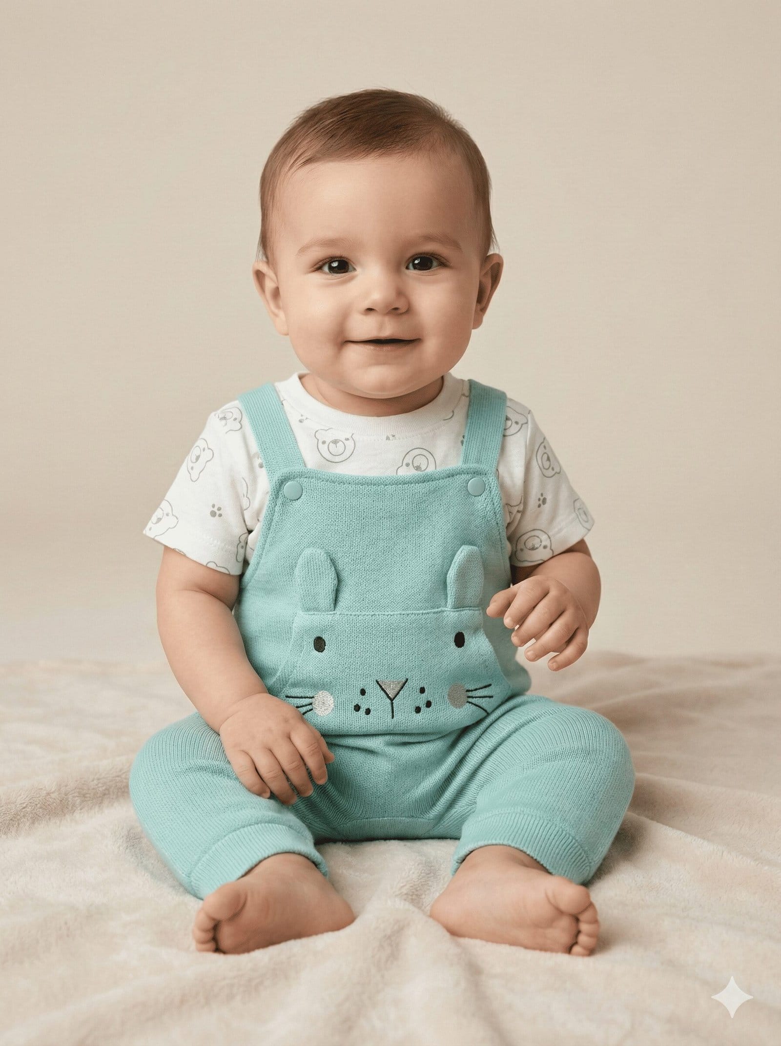Mint Green Knitted Dungaree Set with Bunny Embroidery and Printed Tee