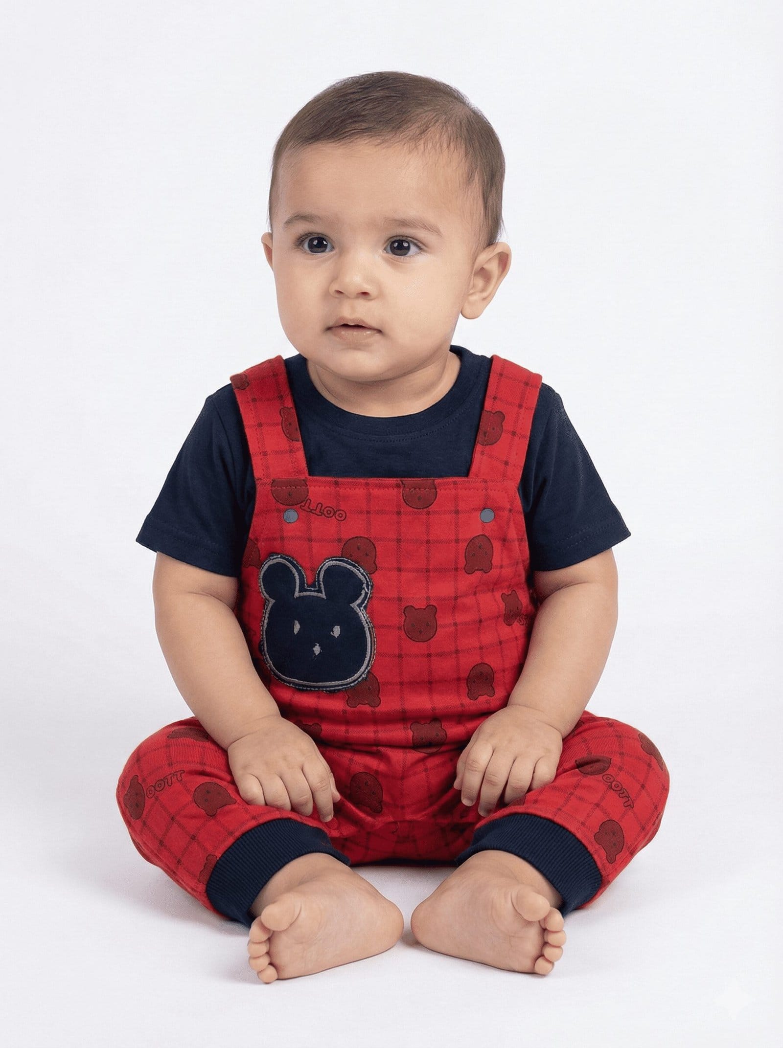 RED Knitted Dungaree Set with Bunny Embroidery and Printed Tee