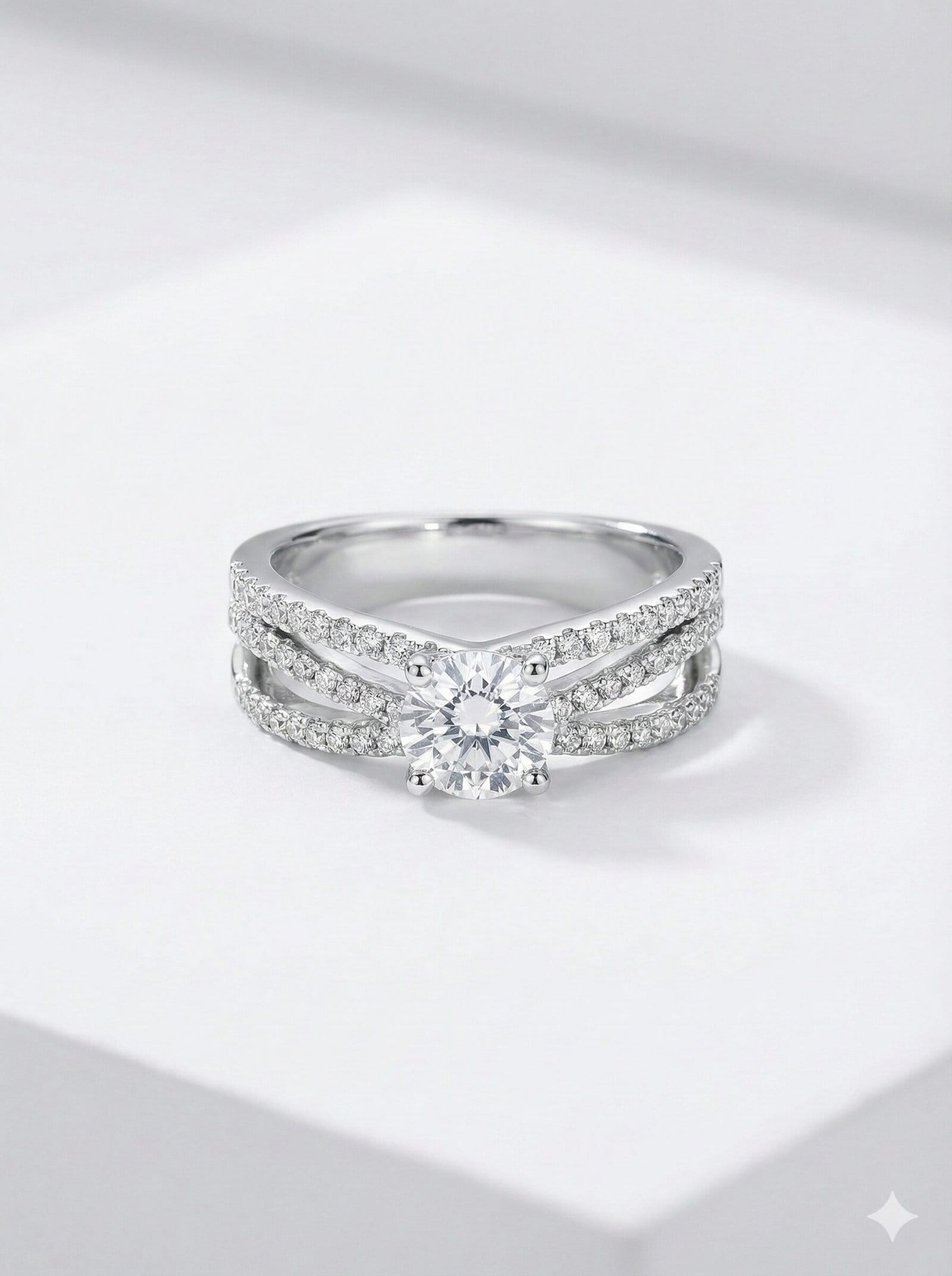 Round Cut Solitaire Ring with Pave Set Triple Crossover Split Shank Band in Silver Tone