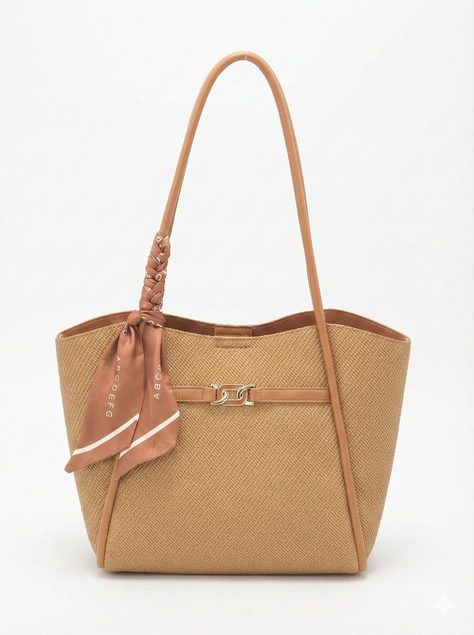 Midnight Woven Texture Tote with Leopard Scarf Accent Golden Tone