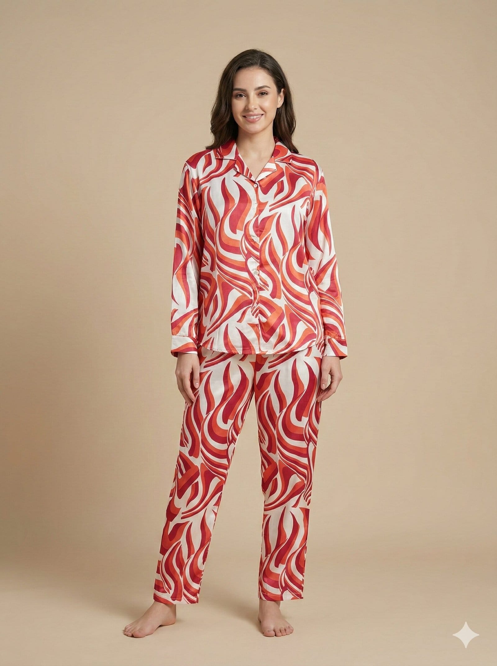Crimson Ripple Satin Long Pajama Set
