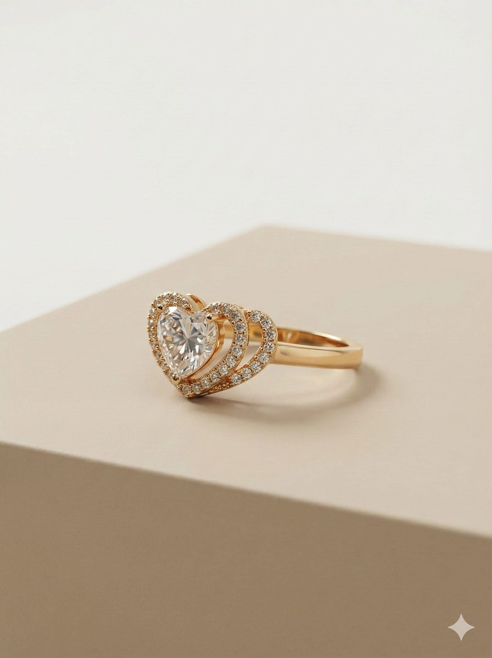 Gold Tone Double Halo Heart Ring with Clear Pave Stones