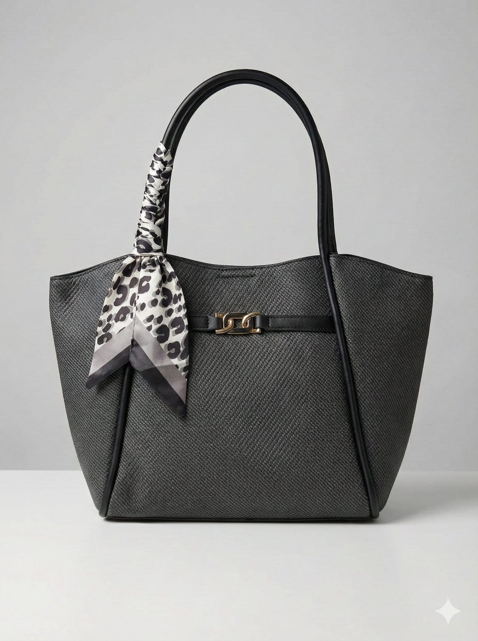 Midnight Woven Texture Tote with Leopard Scarf Accent Black