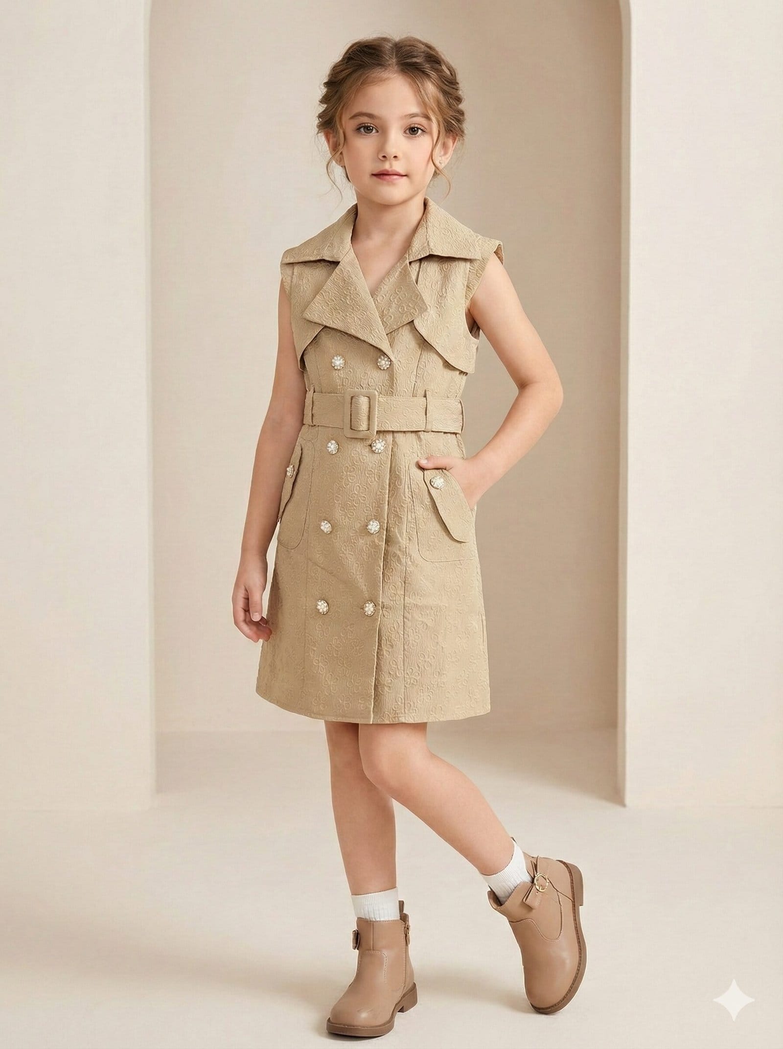 Classic Heritage Sleeveless Trench Dress– Beige Jacquard