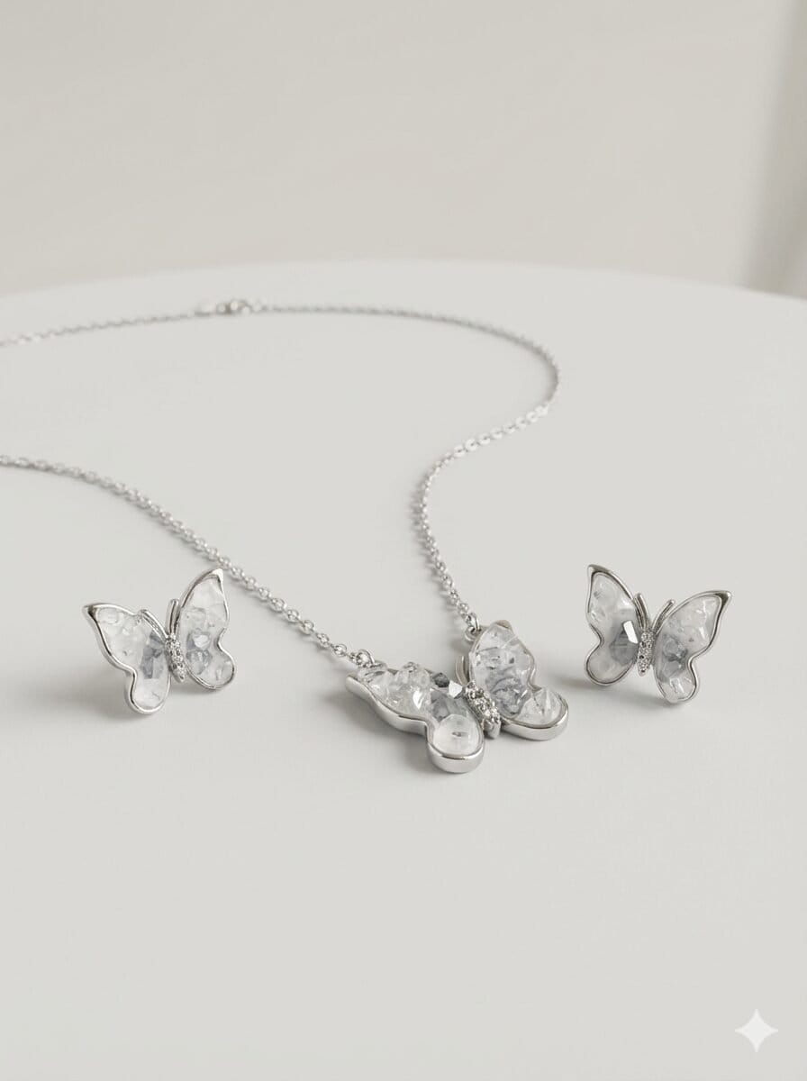 Silver-Tone Butterfly Jewelry Set with Crushed White Inlay and Crystal Accents – Necklace & Stud Earrings