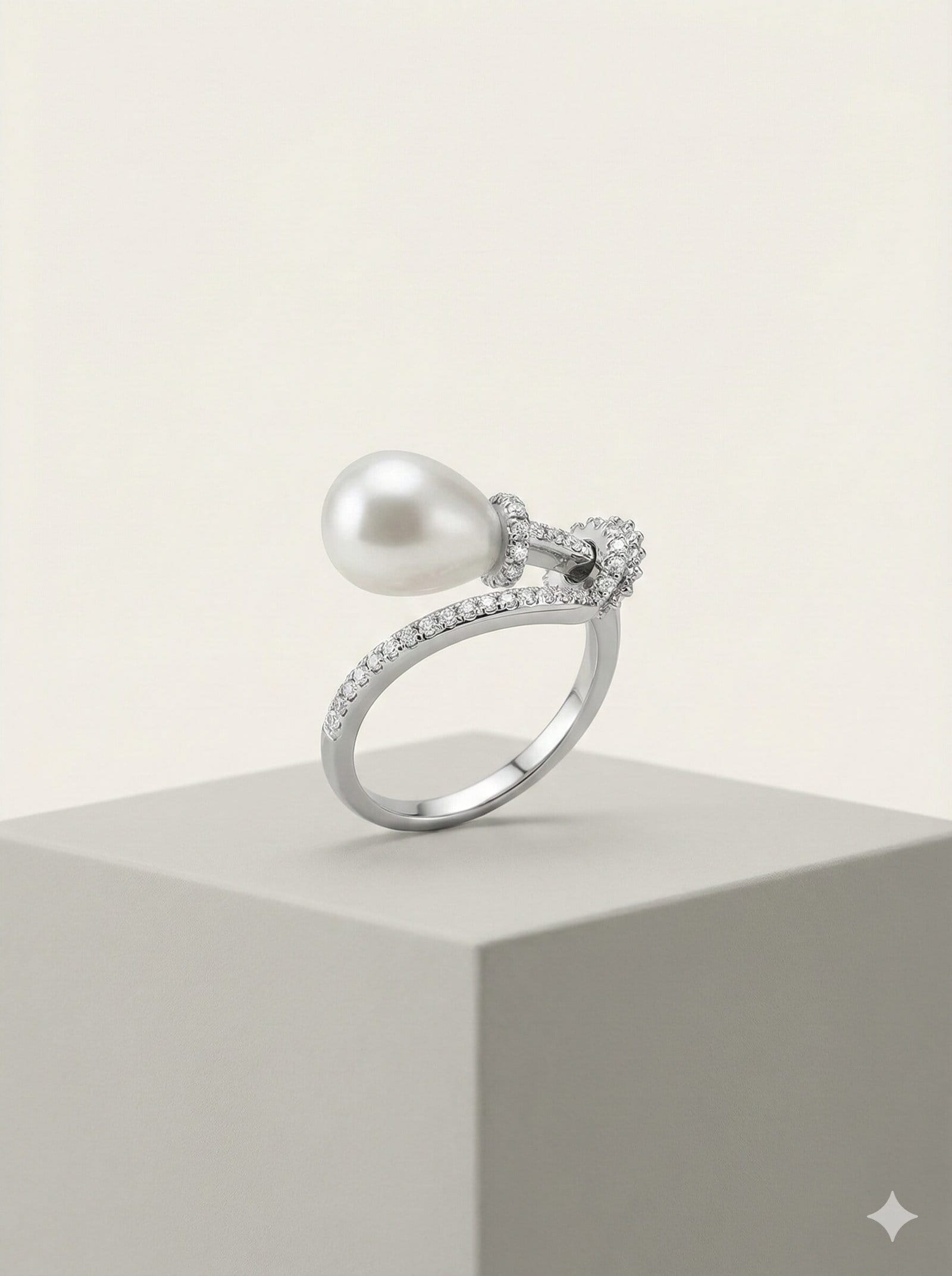 Pear-Shaped Pearl and Pavé Stone Bypass Ring in Silver-Tone Finish