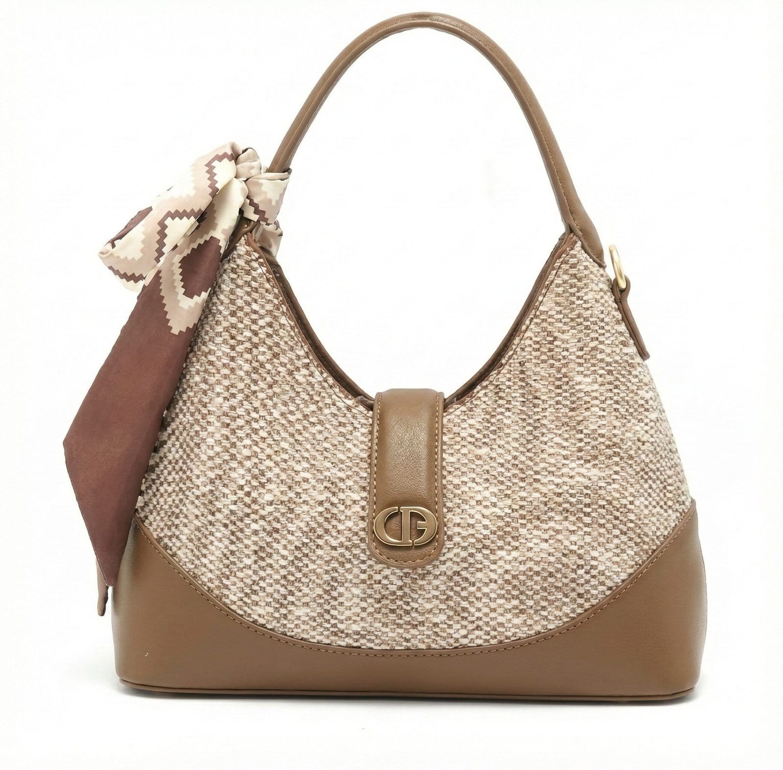 The Scarf-Accented Textured Hobo – Beige & Mocha