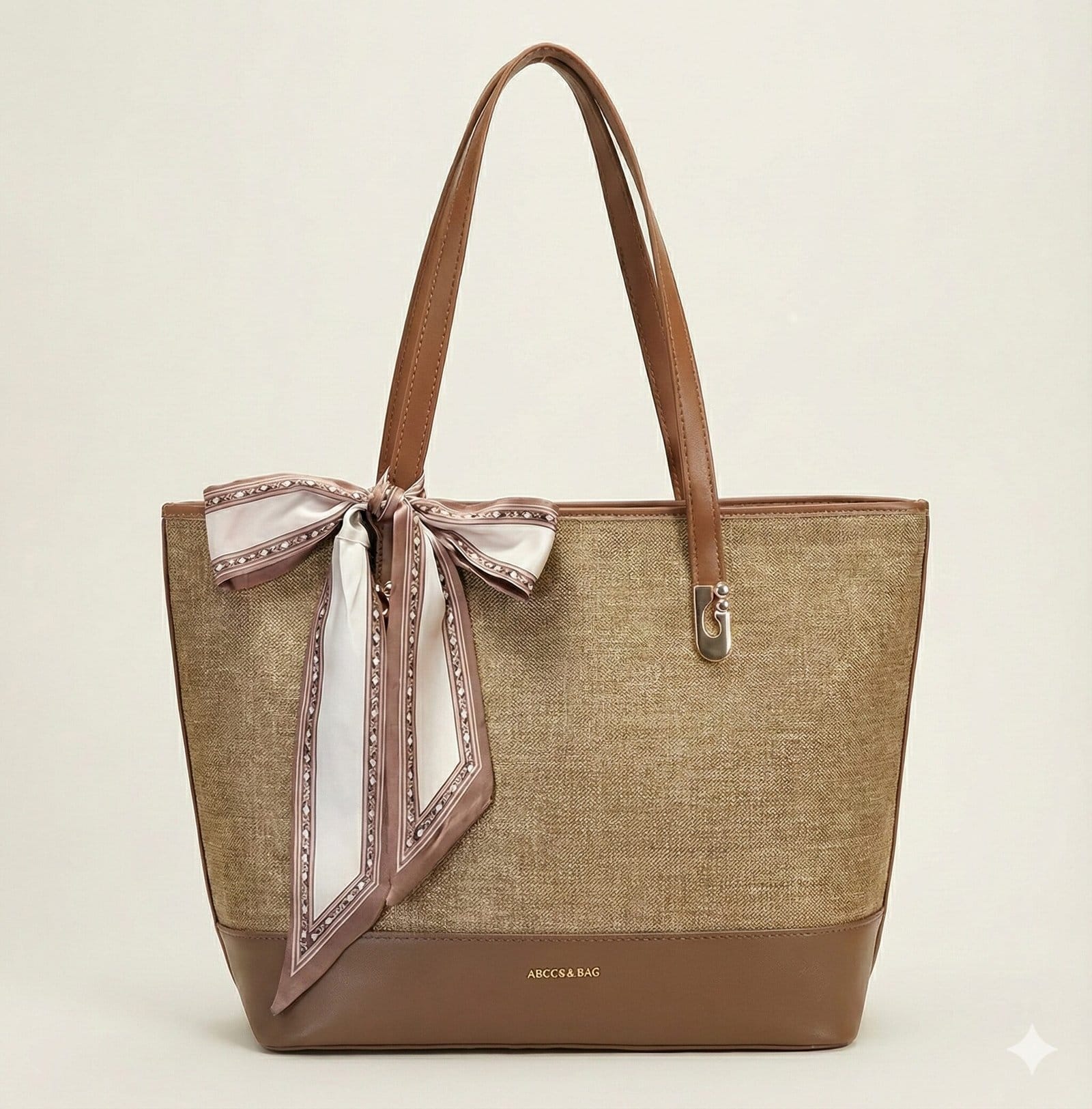 The Scarf-Accented Woven Tote – Khaki & Mocha