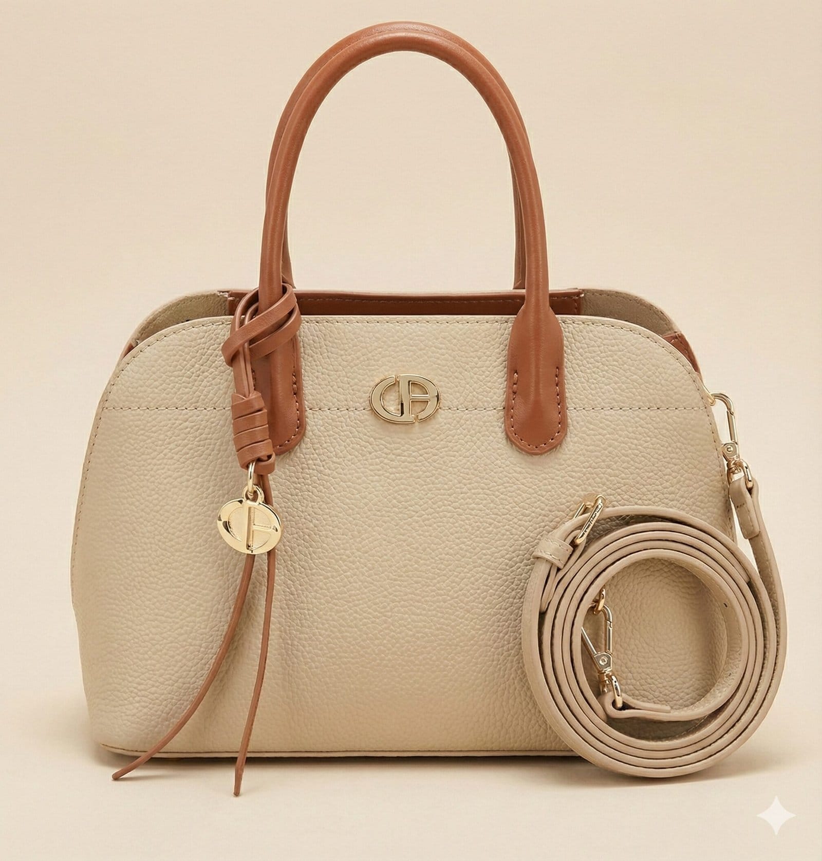 The Two-Tone Pebbled Dome Satchel – Cream & Tan