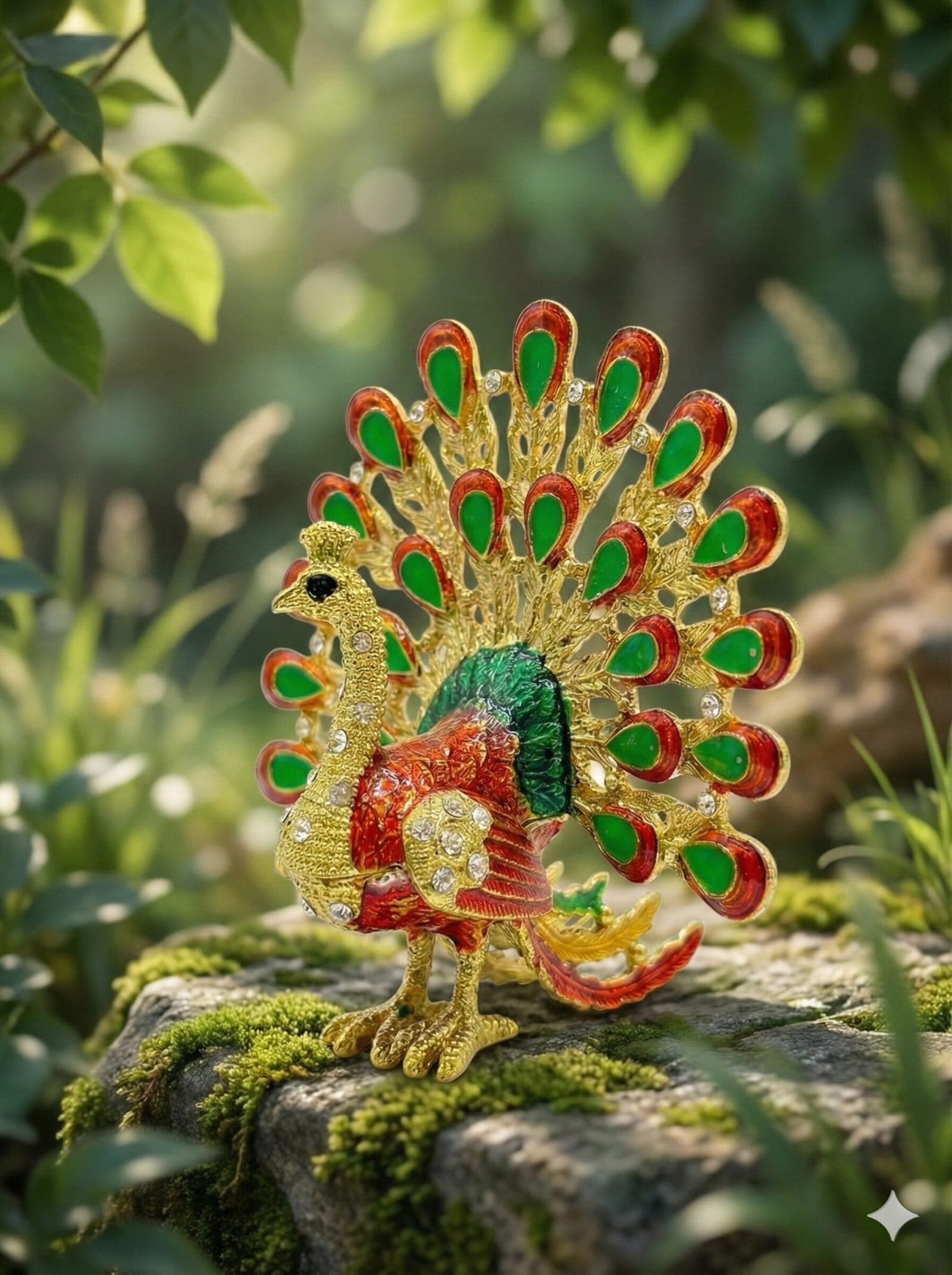 Royal Golden Peacock Jeweled Trinket Box & Figurine – Enamel Souvenir